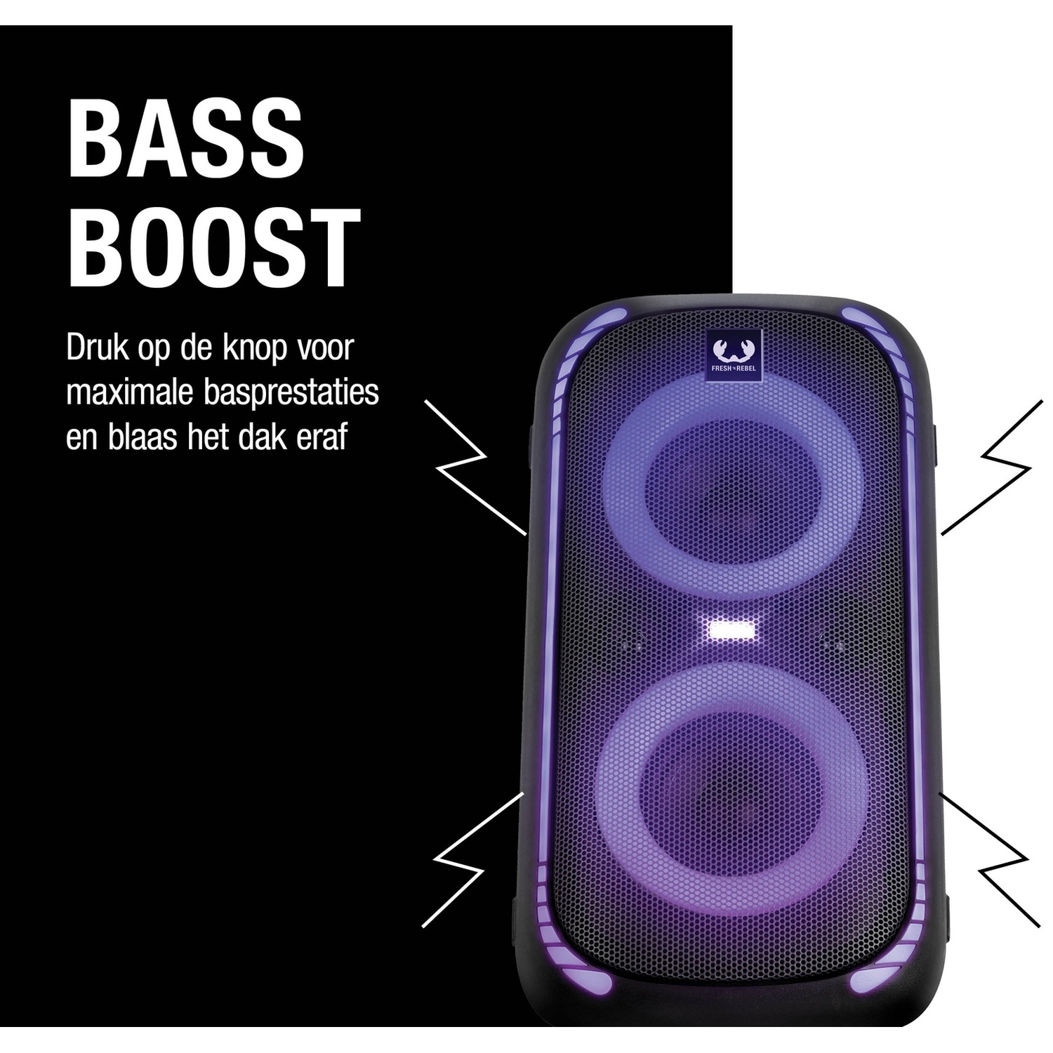 Zwarte bass boost luidspreker met ronde paarse led-verlichting.