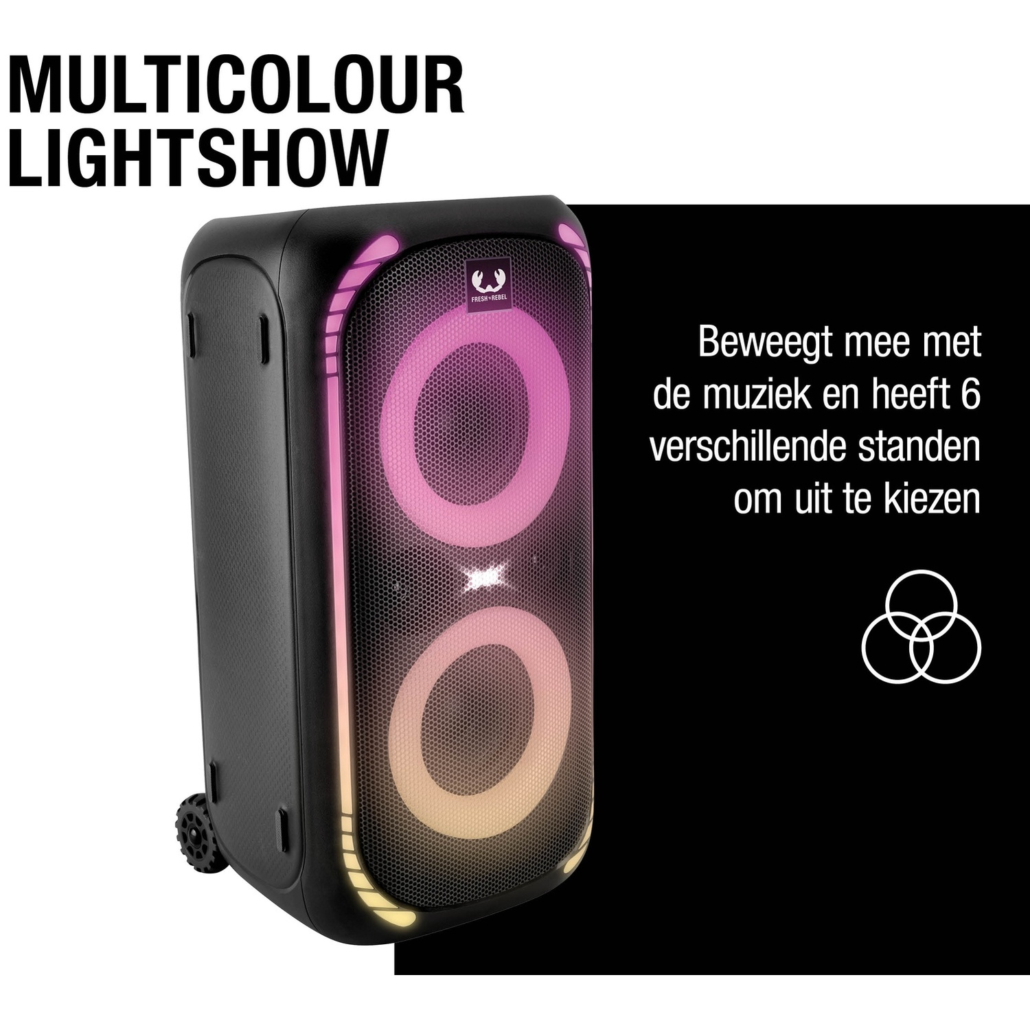 Zwarte feestluidspreker met ronde oplichtende led-lampjes en tekst op witte en zwarte achtergrond.