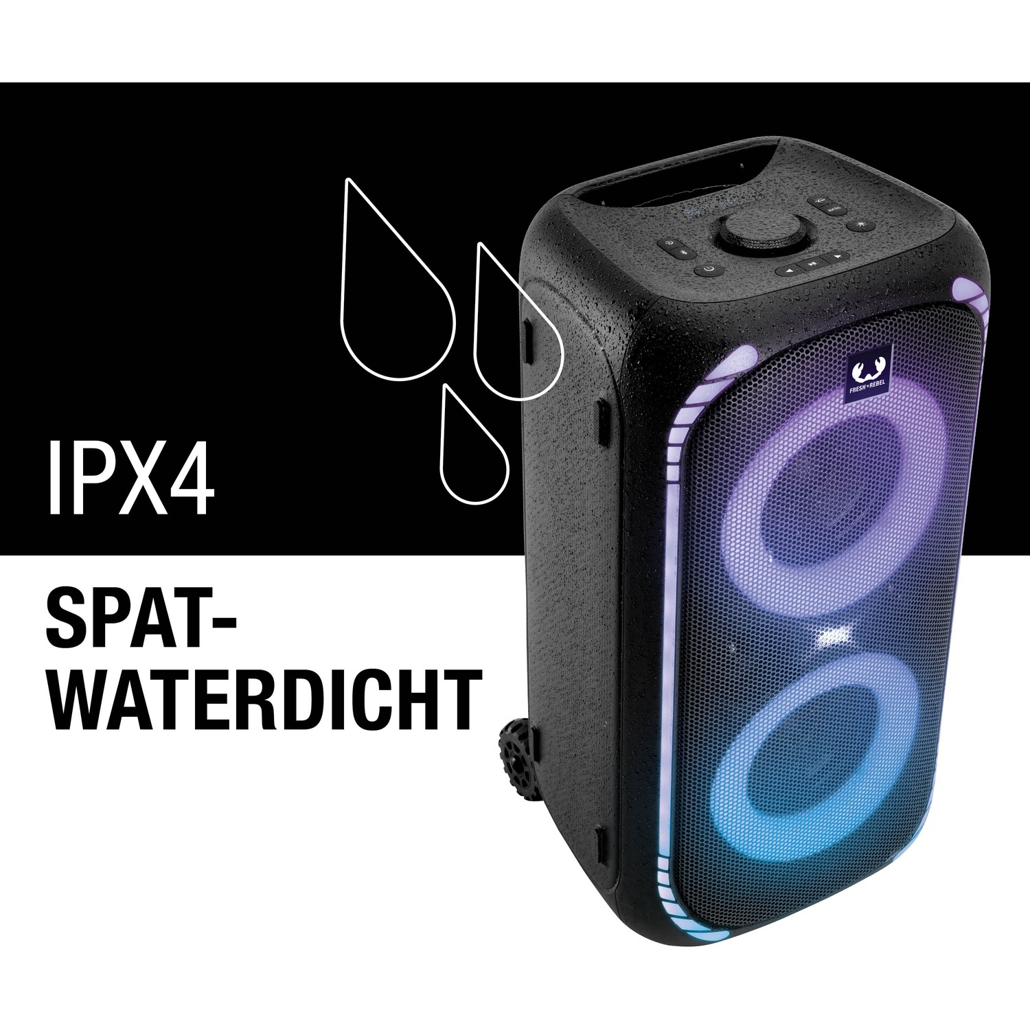 IPX4 spatwaterdichte zwarte Bluetooth-speaker met blauwe led-verlichting.