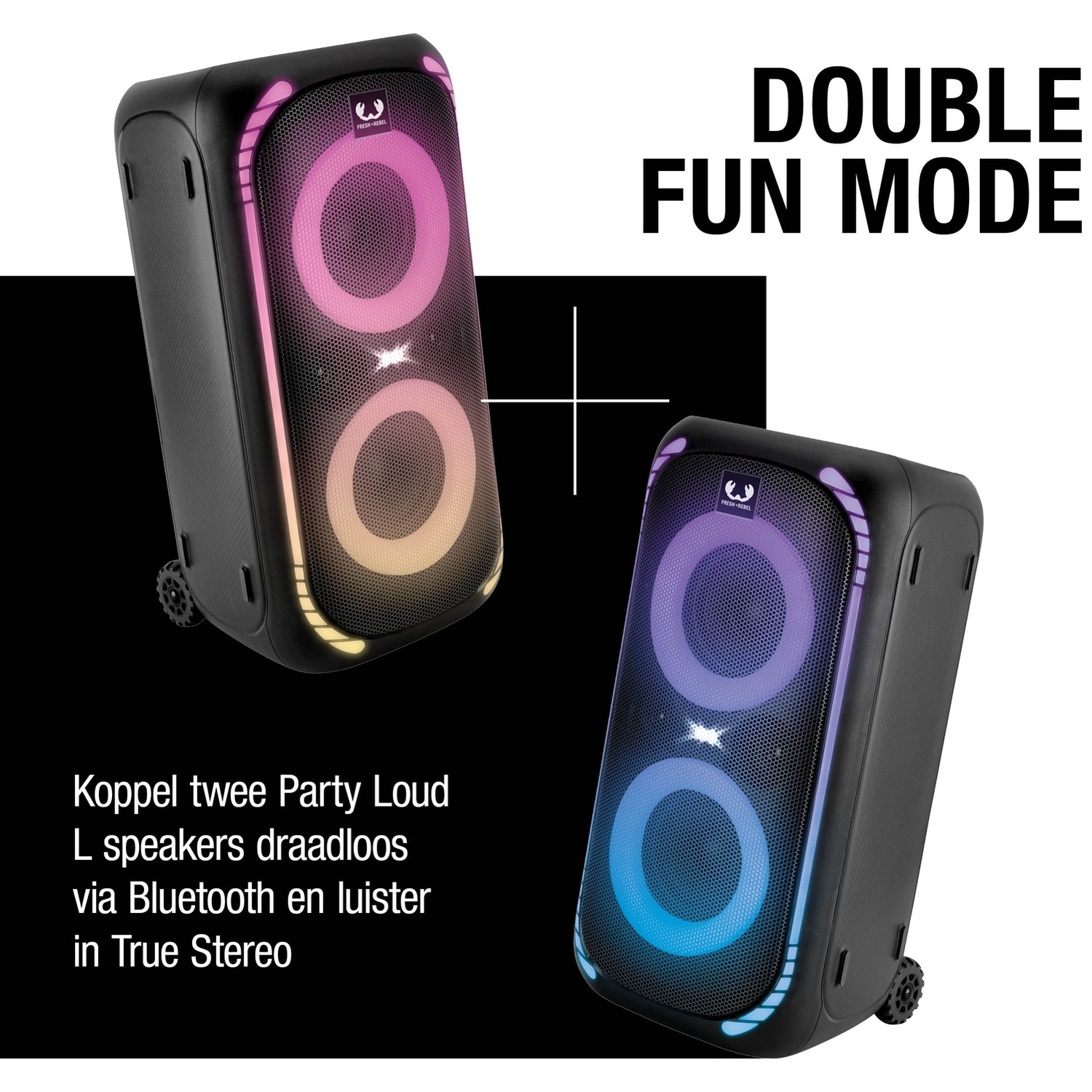 Twee grote zwarte party speakers met kleurrijke LED-verlichting en tekst "DOUBLE FUN MODE".