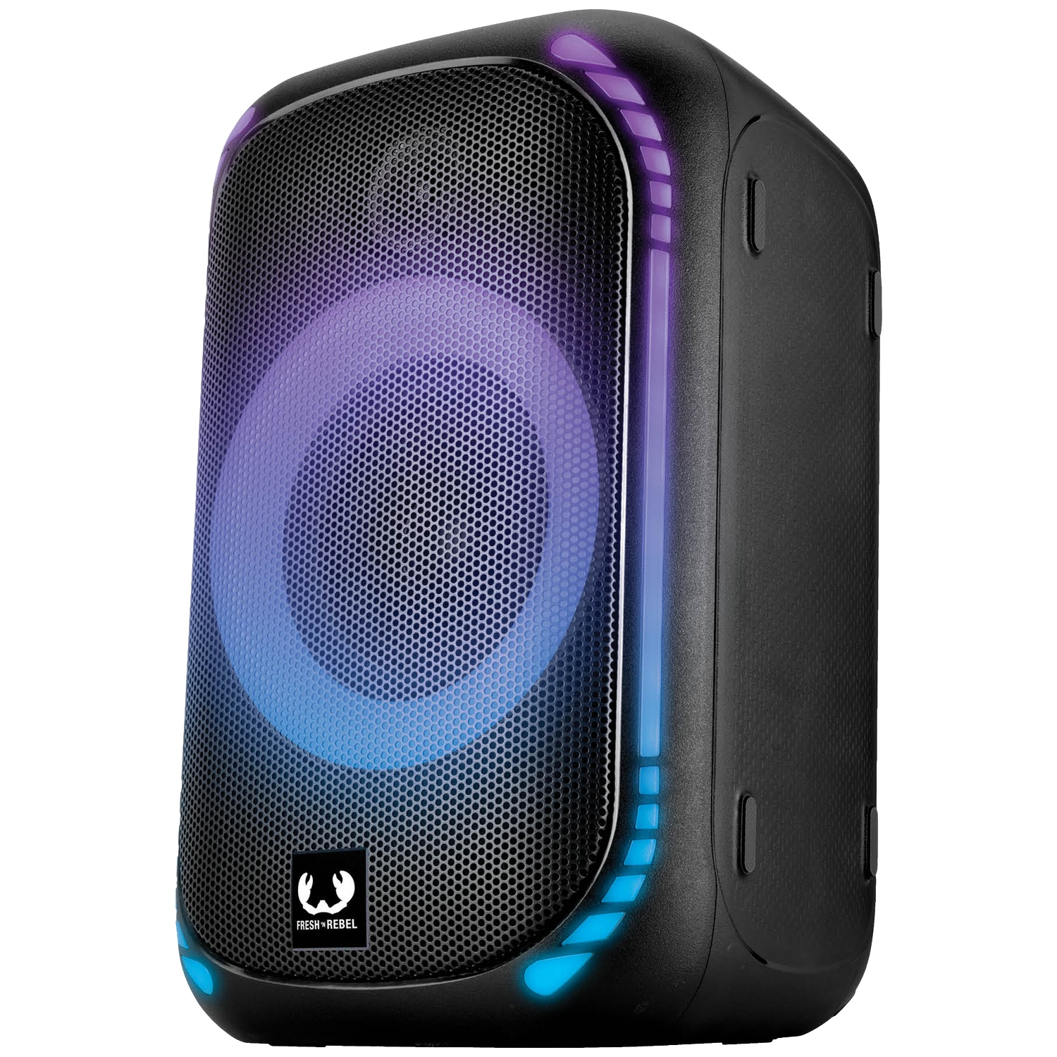 Een zwarte draadloze speaker met paarse en blauwe LED-verlichting.