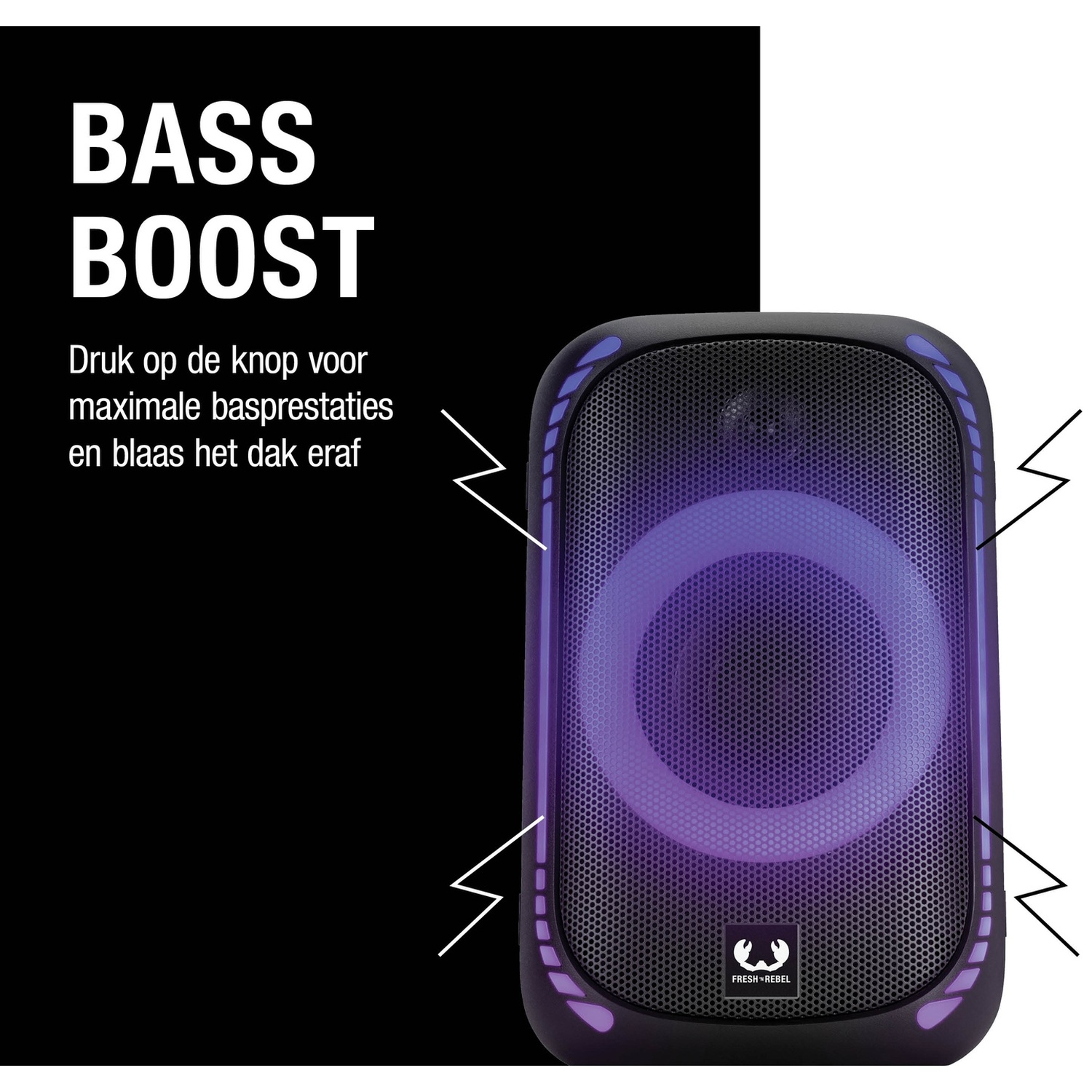 Zwarte Bluetooth speaker met paarse verlichting en tekst BASS BOOST op zwarte achtergrond.