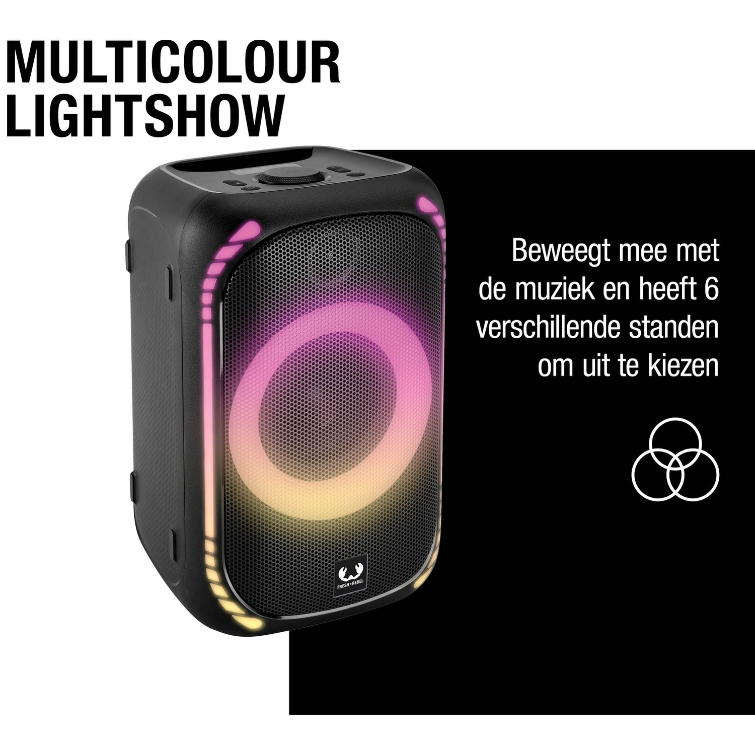 Zwarte draadloze speaker met een levendige cirkelvormige multicolour lichtshow.