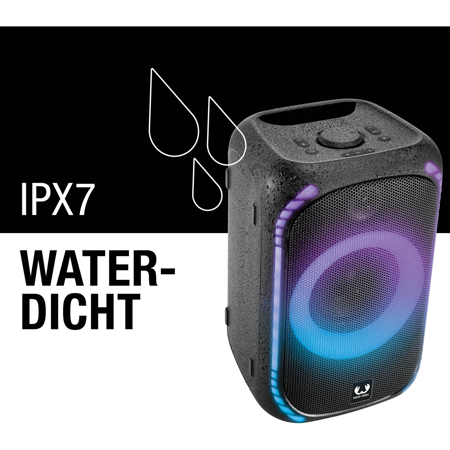 IPX7 waterdichte speaker met blauwe en paarse LED-verlichting en waterdruppels.