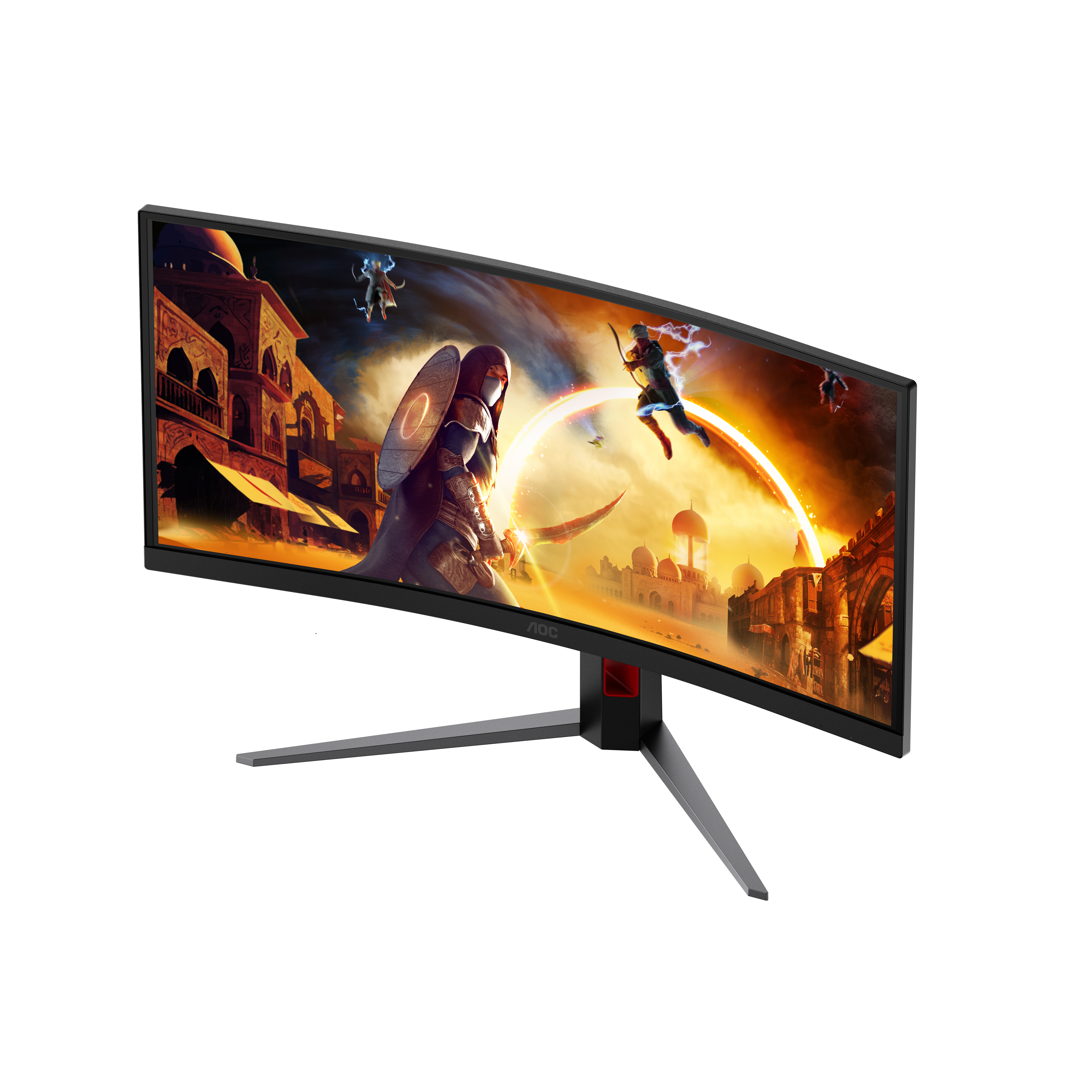 Ein gebogener AOC Gaming-Monitor zeigt eine orientalische Fantasieszene mit Charakteren und antiker Architektur.