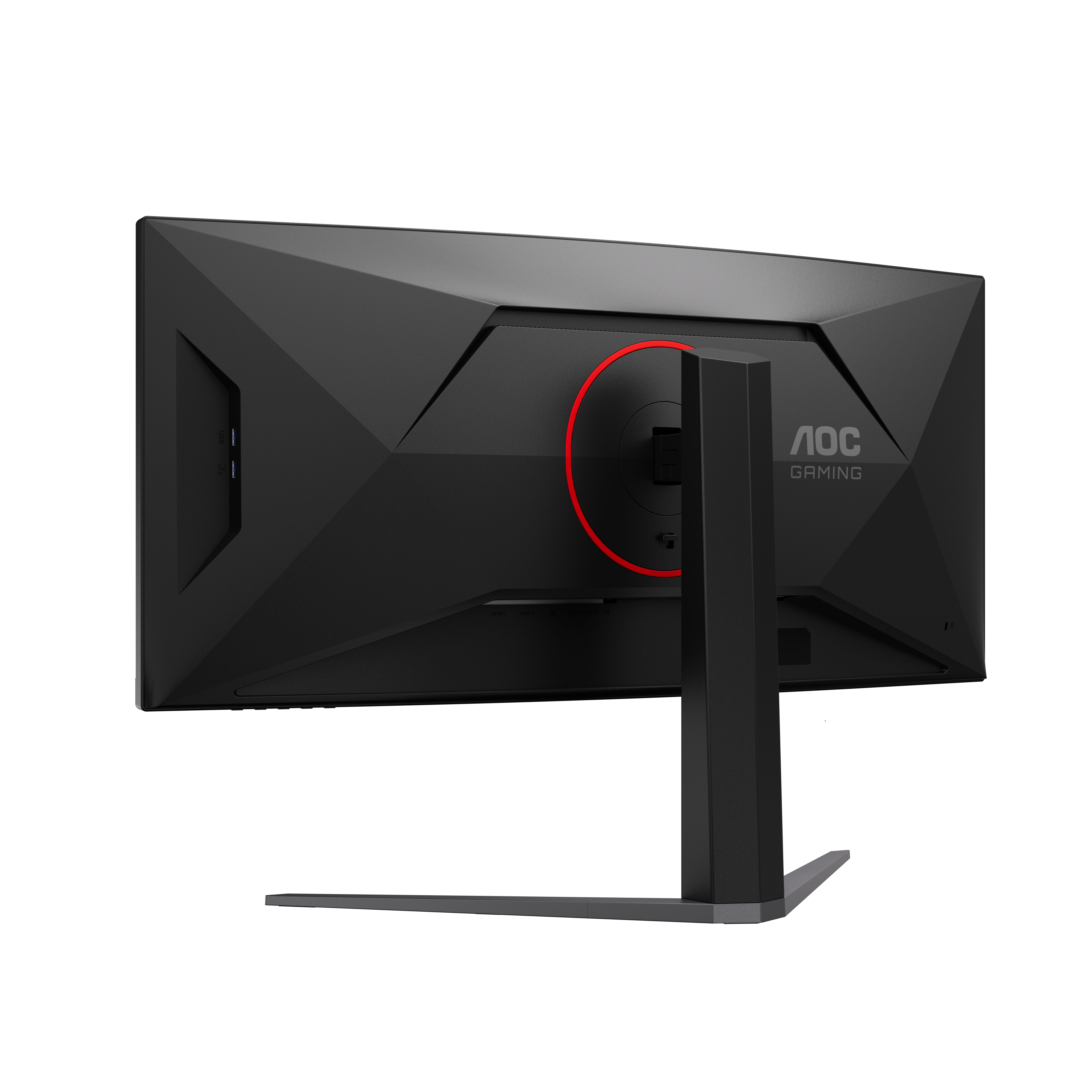 Rückansicht eines schwarzen AOC Gaming-Monitors mit rotem Ring am Ständer.