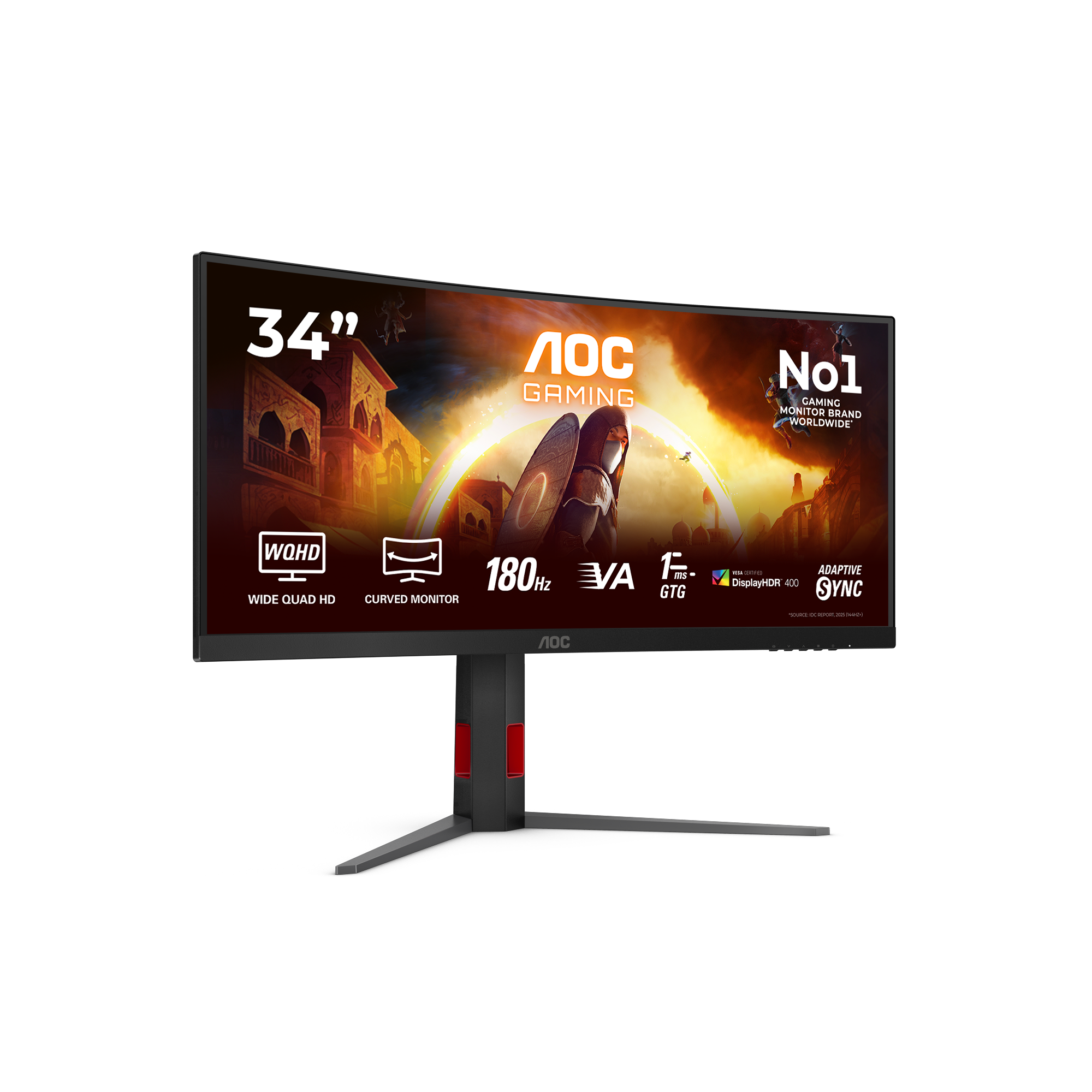 Ein gebogener AOC 34-Zoll-Gaming-Monitor mit WQHD, 180Hz und dunklem, modernem Design auf schwarzem Hintergrund.