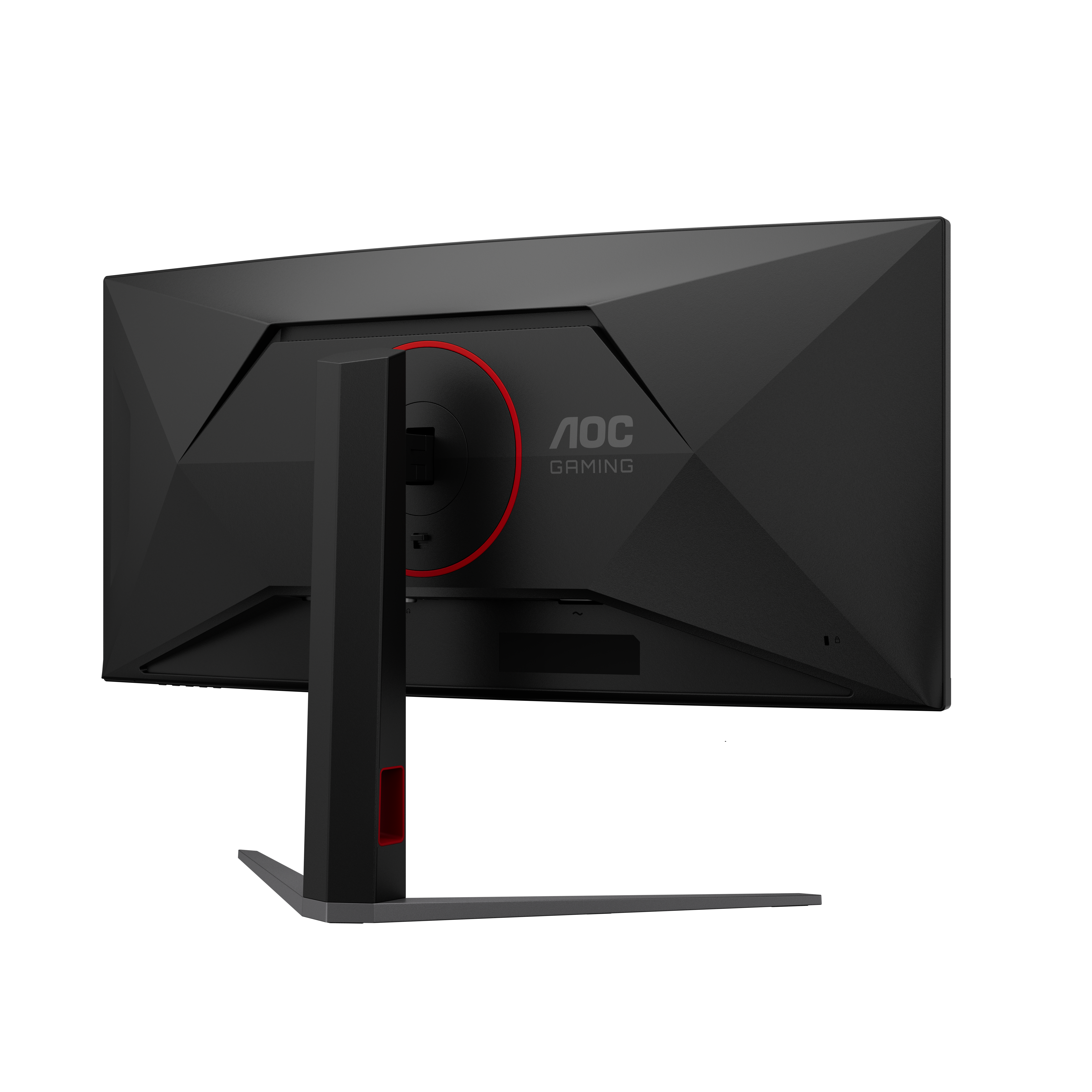 Rückansicht eines schwarzen AOC Gaming-Monitors mit rotem Ringdetail und stabilem Standfuß.