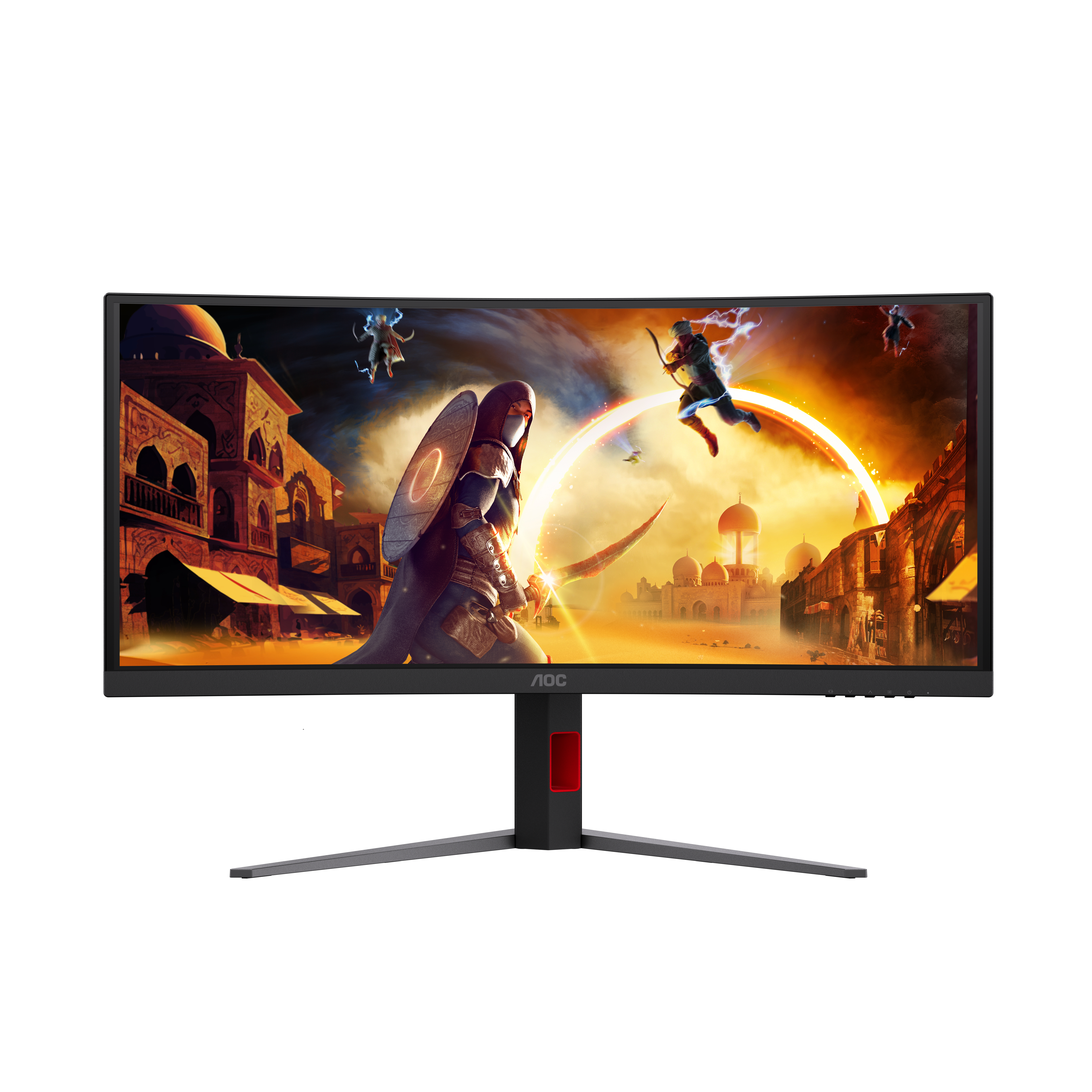Ein gebogener AOC-Gaming-Monitor zeigt eine orientalische Fantasieszene mit Kämpfern vor einer Stadt bei Sonnenuntergang.