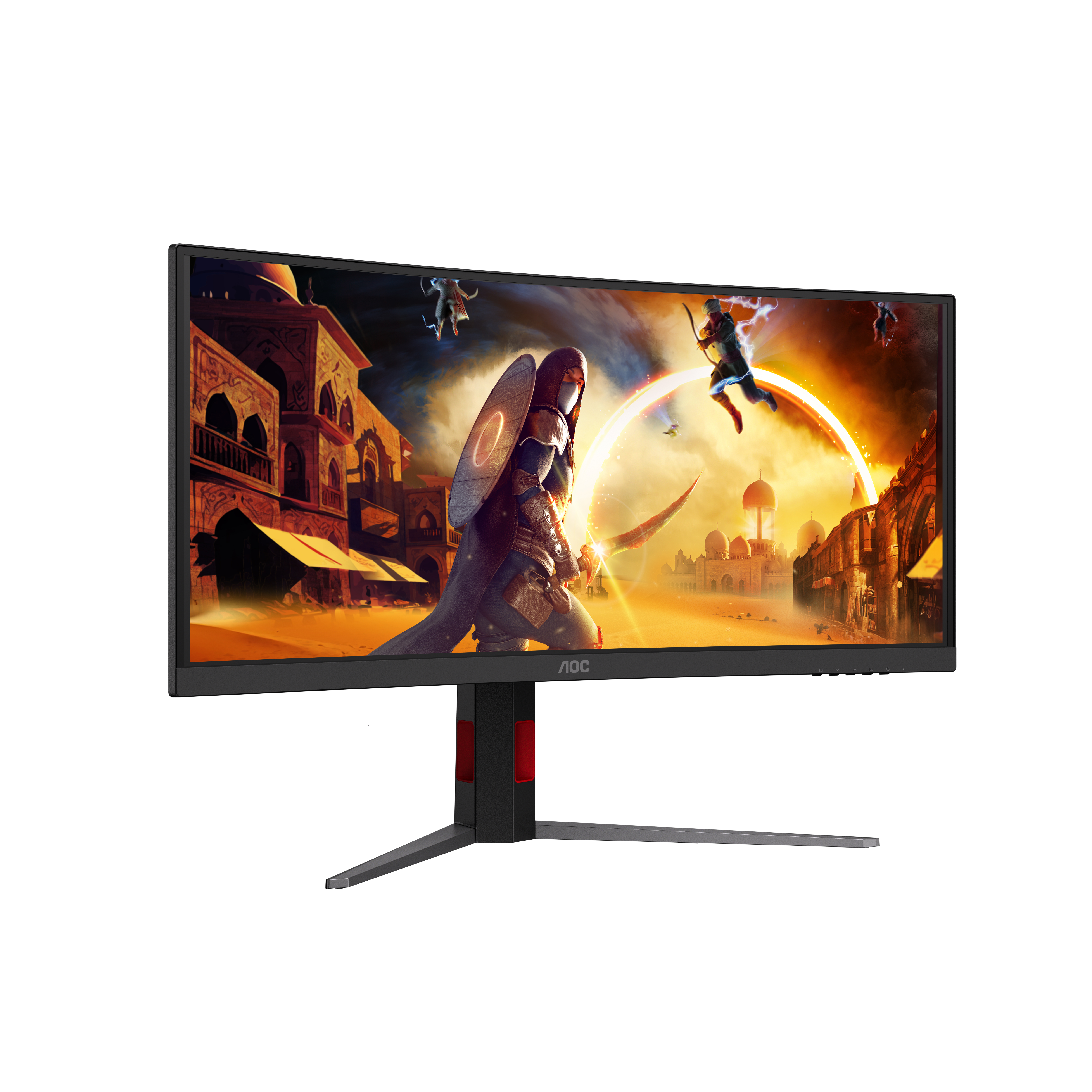 Ein gebogener AOC-Gaming-Monitor zeigt eine Wüstenszene mit Charakteren in einer fantastischen Stadt.