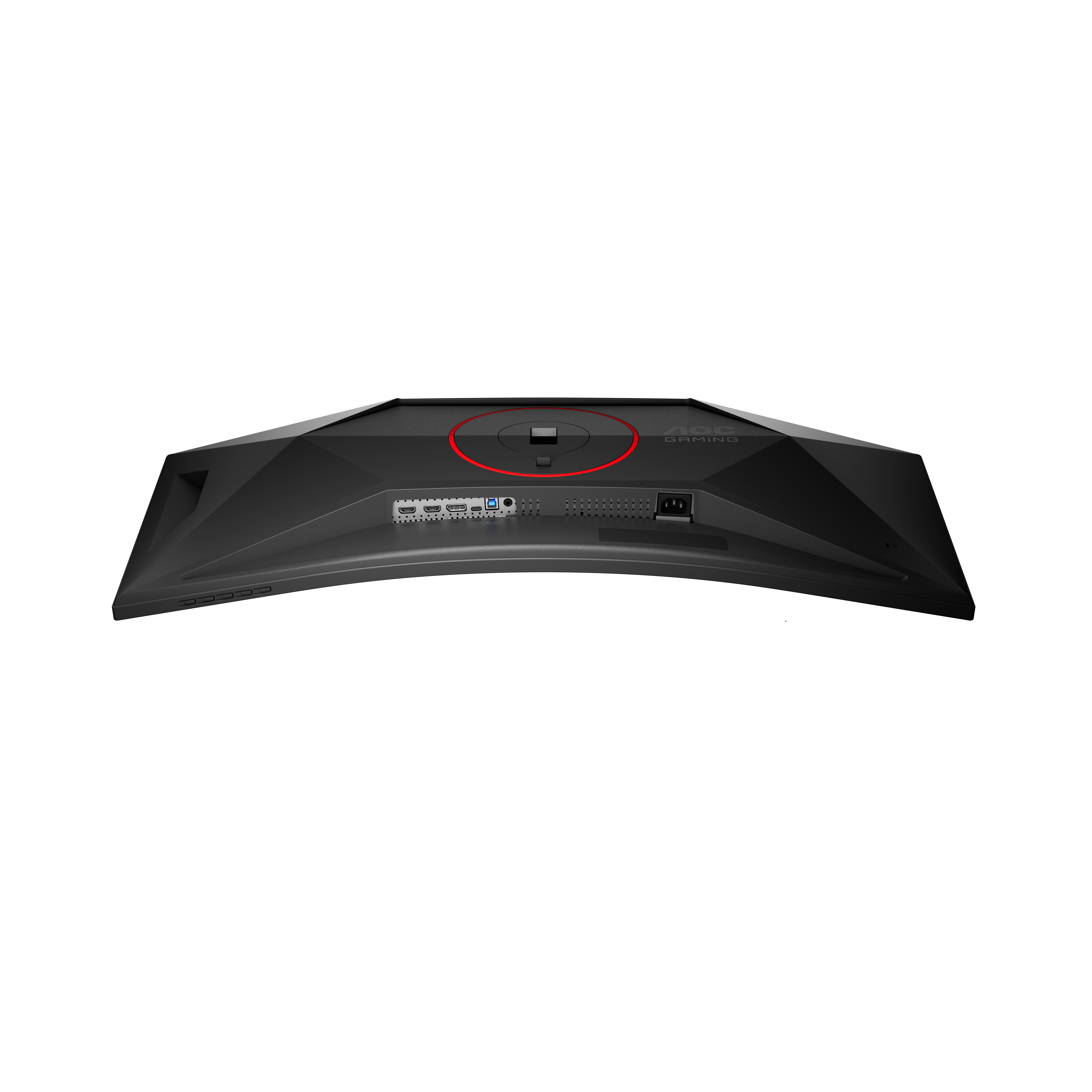 Rückansicht eines schwarzen Curved-Monitors mit Anschlüssen und einem roten Ring.