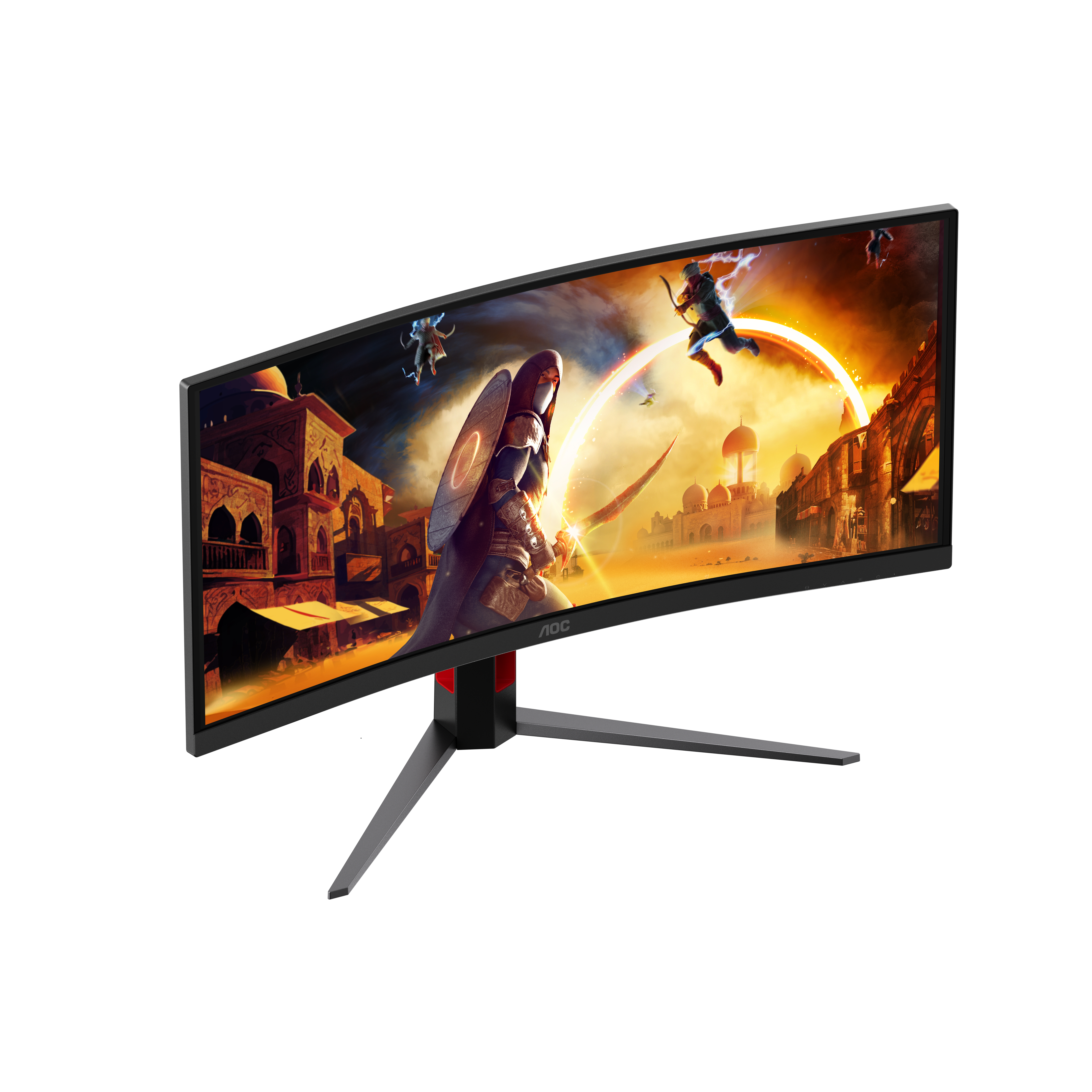 Ein gebogener AOC-Gaming-Monitor zeigt eine Fantasy-Wüstenszene auf dem Bildschirm.