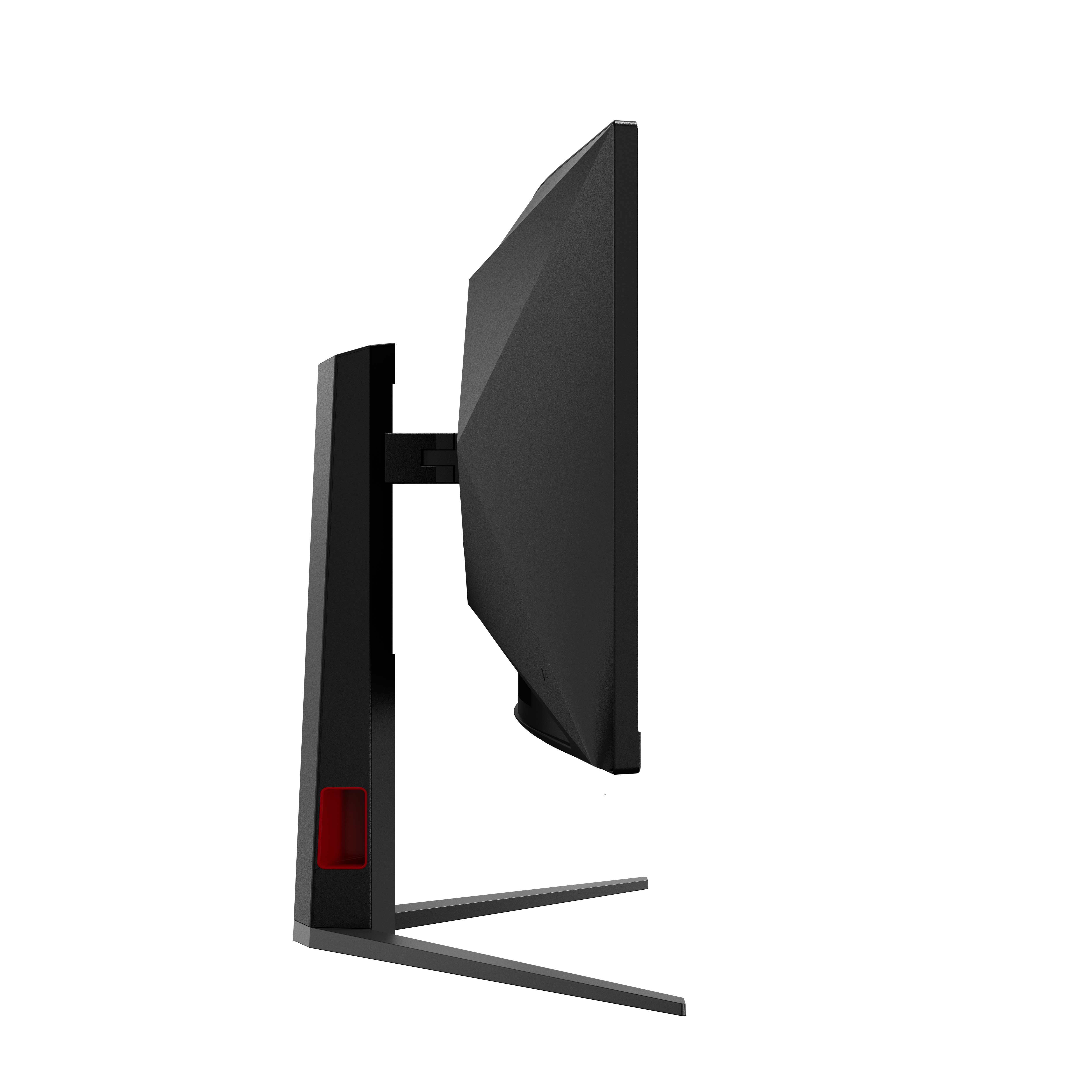 Seitenansicht eines schwarzen Computermonitors mit Ständer auf weißem Hintergrund.