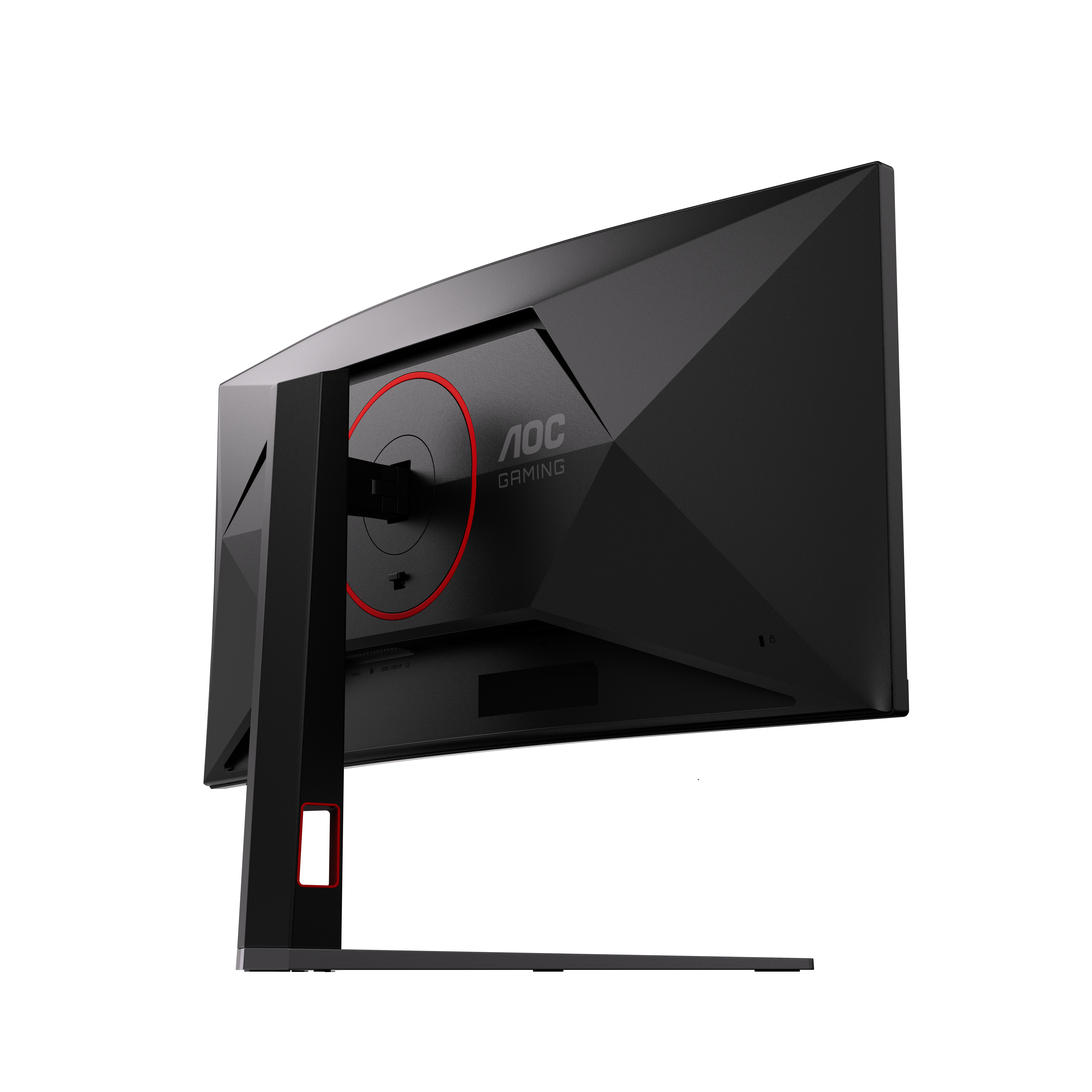 Rückansicht eines schwarzen AOC Gaming-Monitors mit rotem Akzentring auf dem Standfuß und dreieckigem Design.