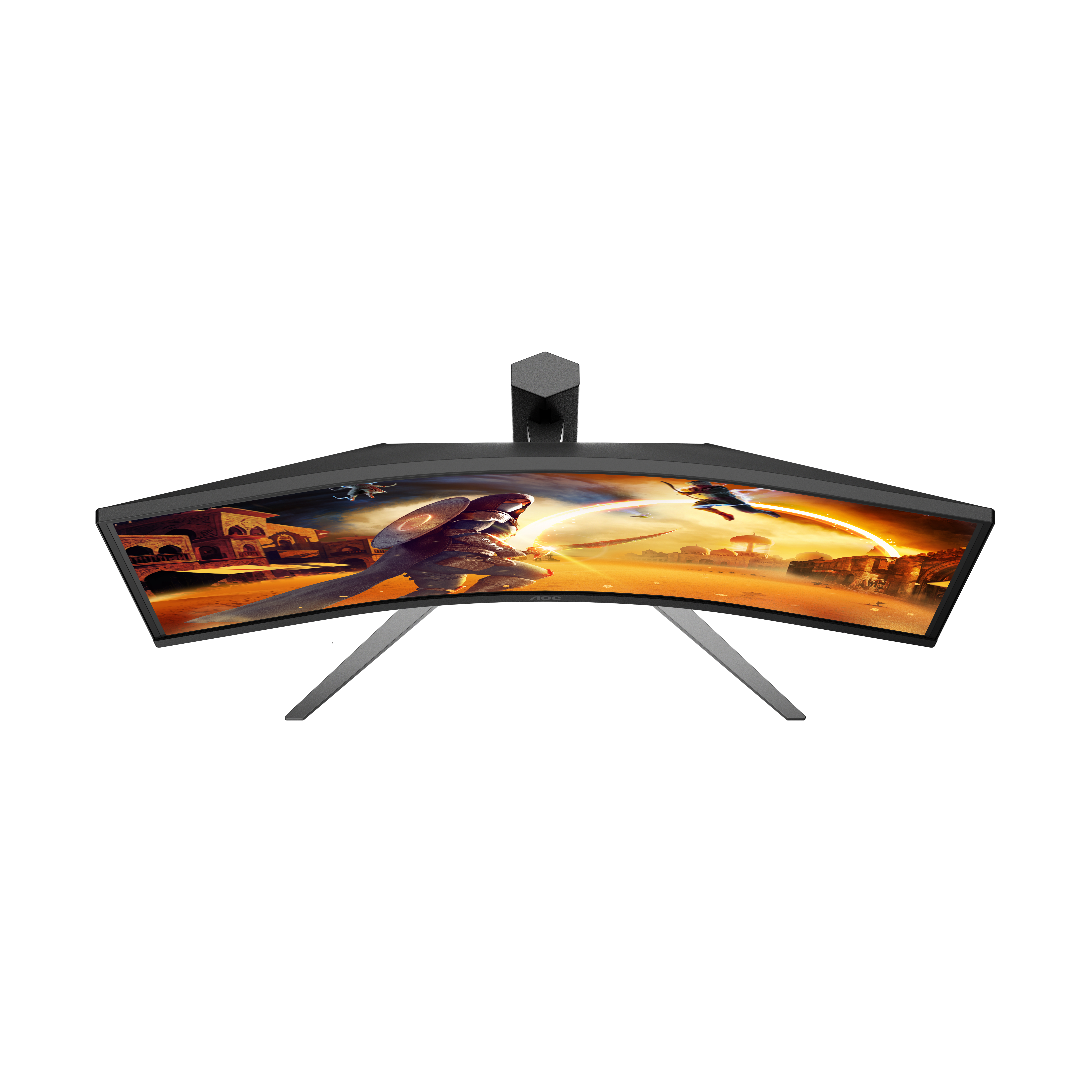 Ein gewölbter Monitor auf einem grauen Ständer zeigt eine Wüstenszene mit einer kriegerischen Figur.