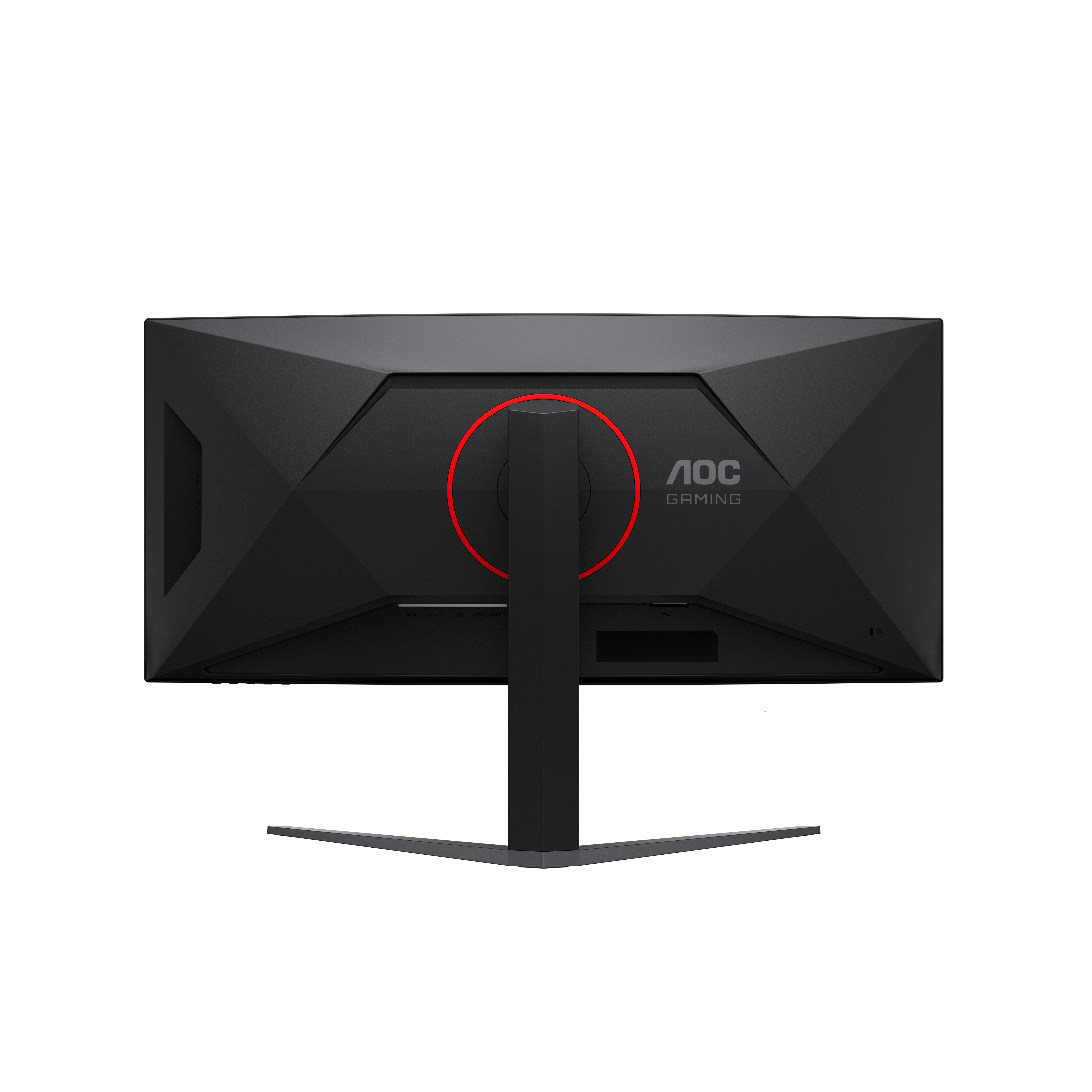 Rückansicht eines schwarzen AOC Gaming-Monitors mit rotem Ring am Ständer und V-förmigem Standfuß.