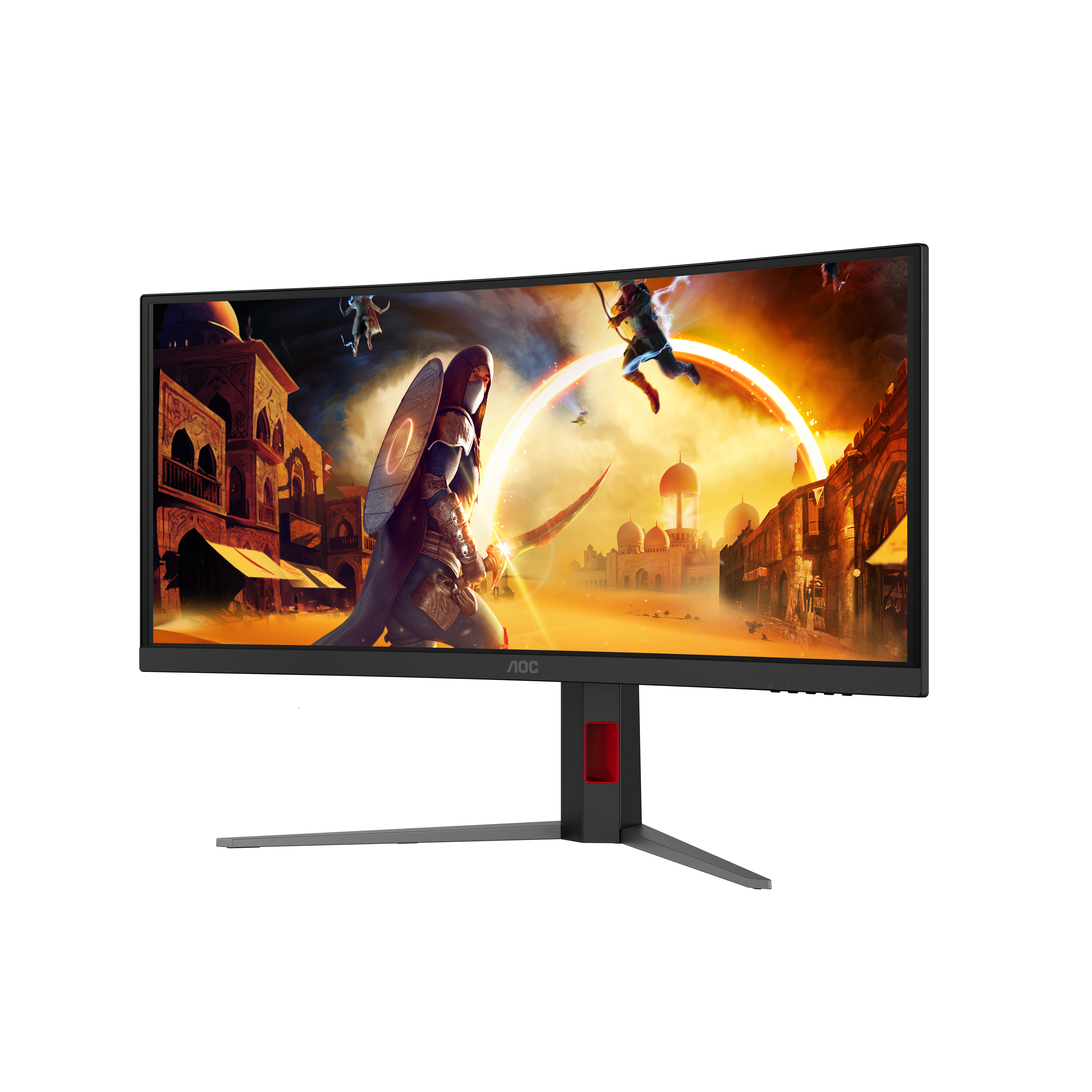 Ein gebogener AOC-Gaming-Monitor zeigt eine lebendige Fantasy-Szene mit Charakteren in einer Wüstenstadt.