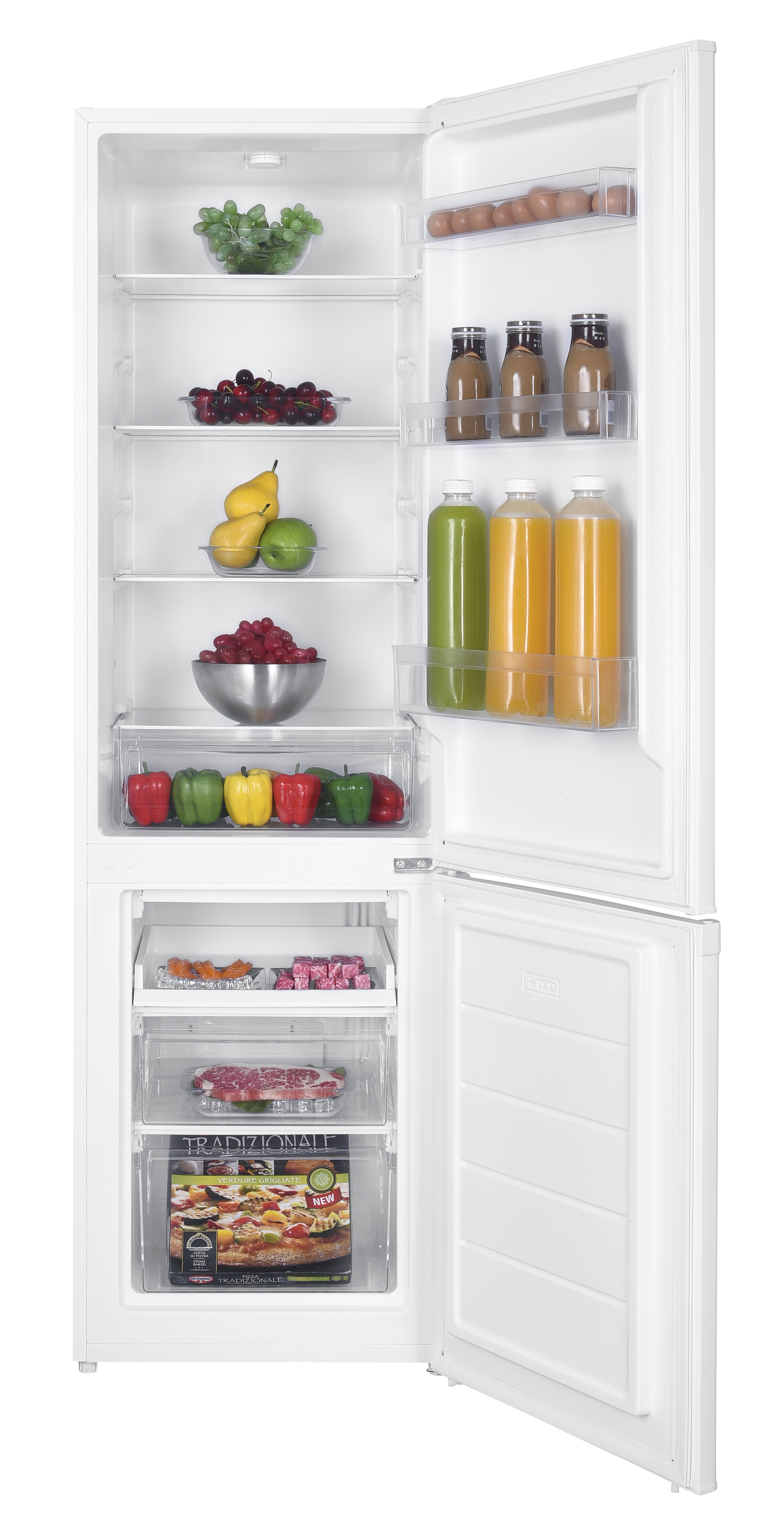 Frigorífico blanco abierto lleno de frutas frescas, verduras, bebidas, carne y una pizza congelada.