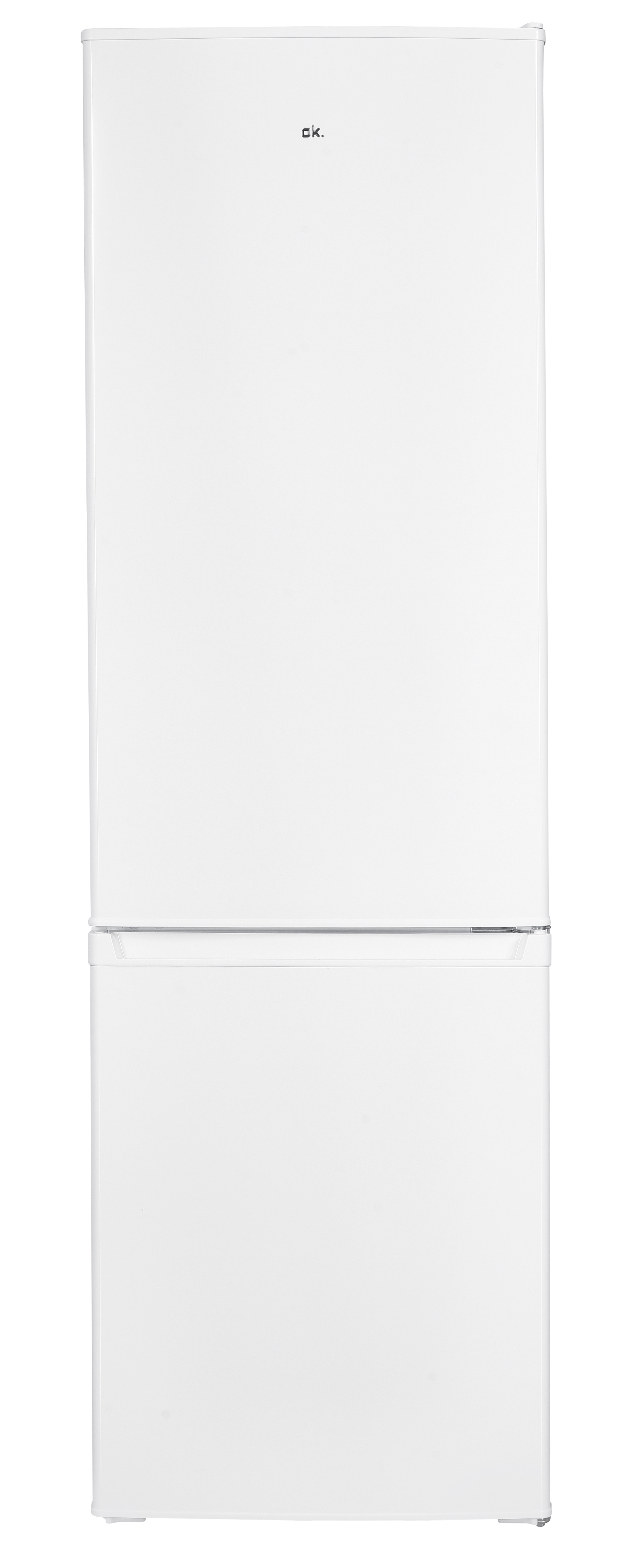 Un refrigerador blanco independiente con congelador inferior y un logotipo arriba.