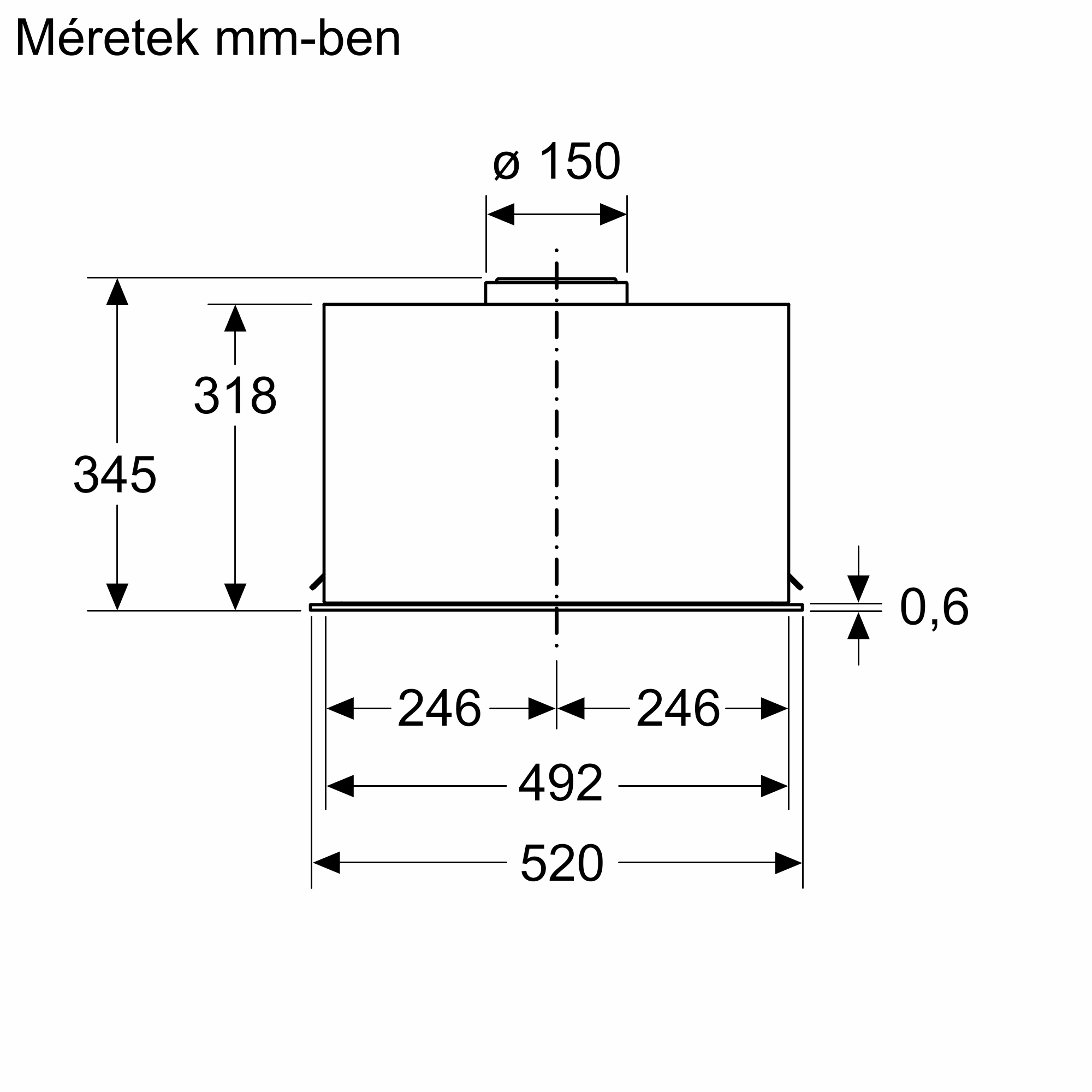 Páraelszívó műszaki rajza milliméterben megadott méretekkel.