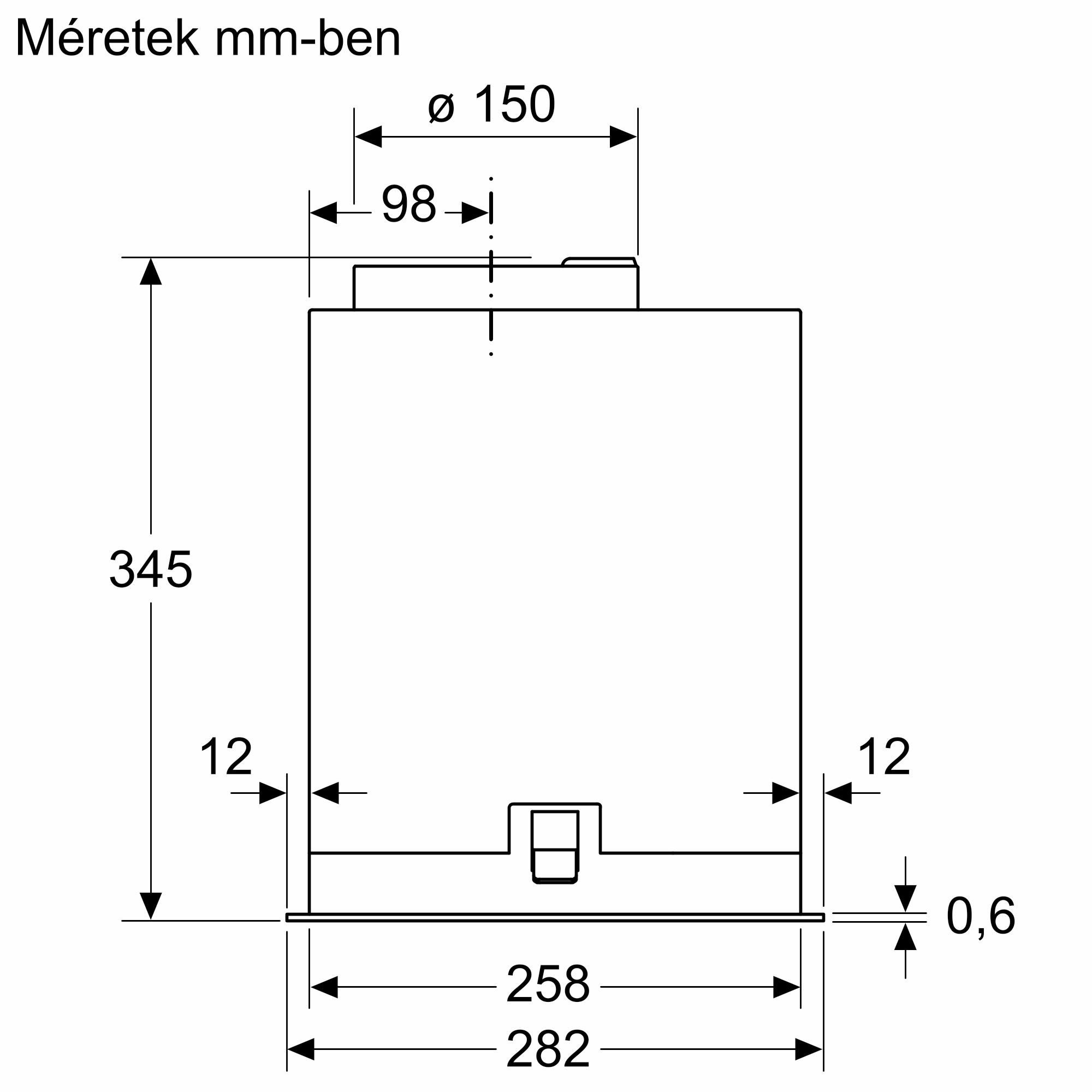 Egy téglalap alakú készülék műszaki rajza milliméterben megadott méretekkel.