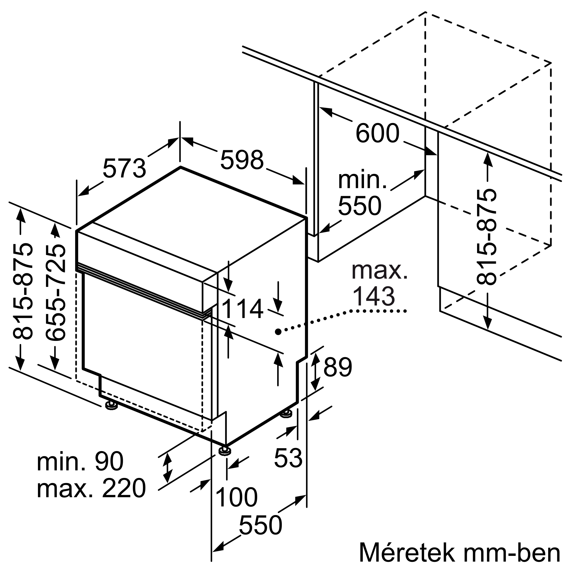 Műszaki rajz mosogatógépről, milliméterben megadott méretekkel a konyhai beépítéshez.