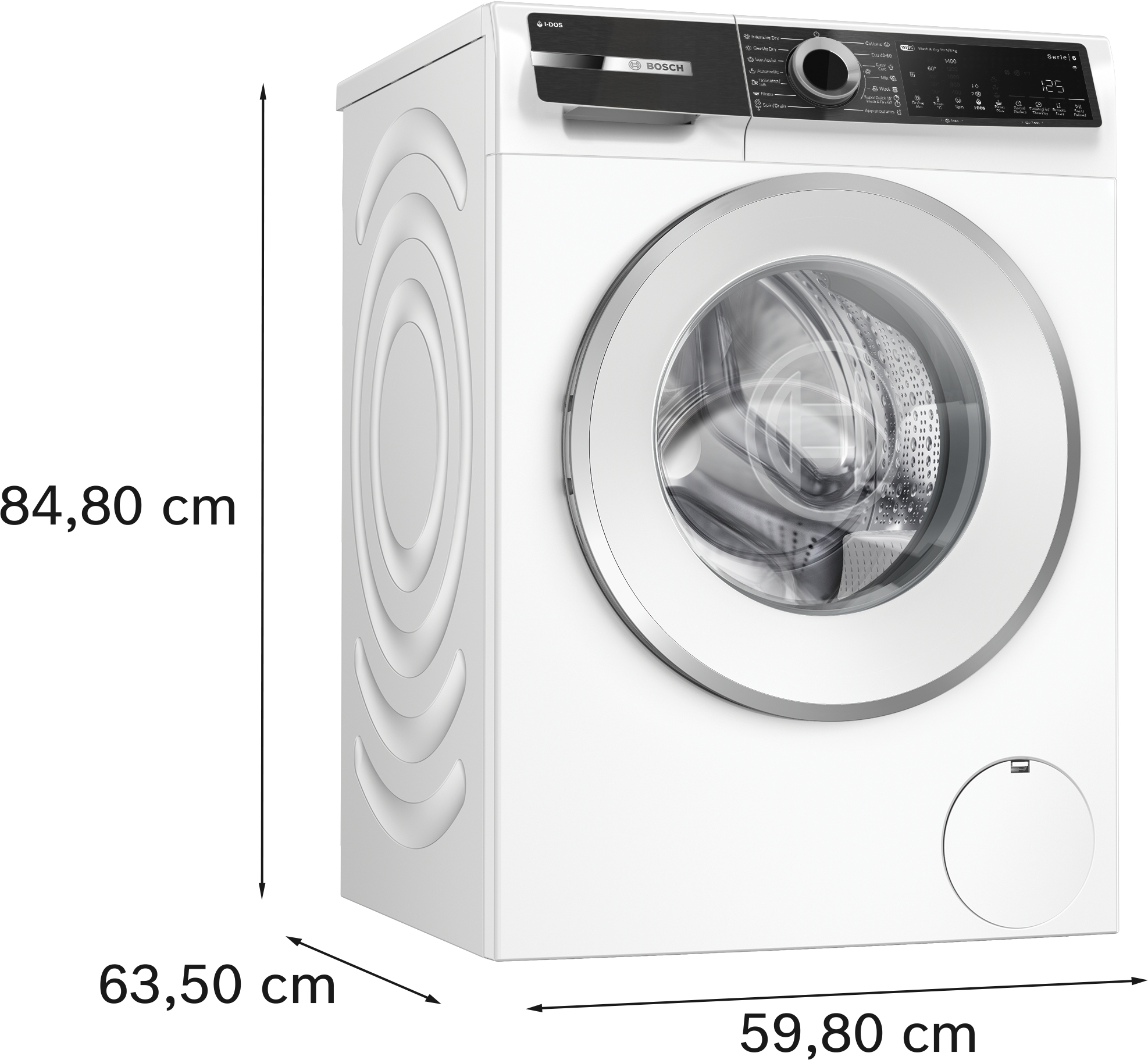 Egy fehér Bosch mosógép méretekkel: 84,80 cm magasság, 59,80 cm szélesség és 63,50 cm mélység.