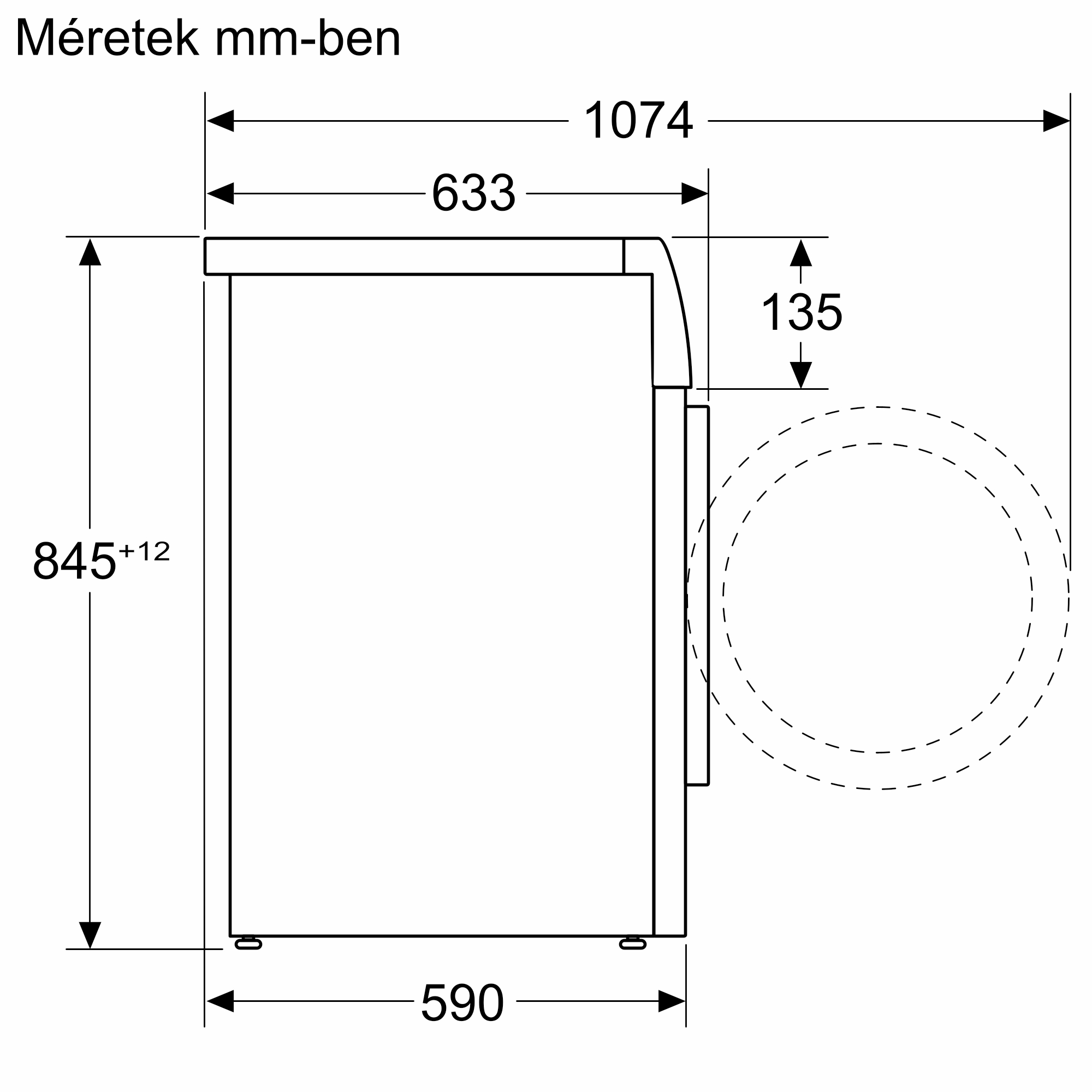 Mosógép műszaki rajza oldalsó nézettel és milliméterben megadott méretekkel.