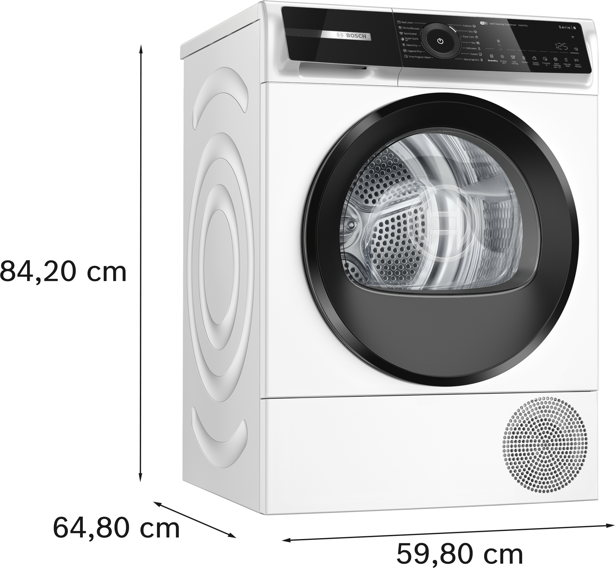 Fehér Bosch szárítógép méretekkel: 84,2 cm magas, 59,8 cm széles, 64,8 cm mély.