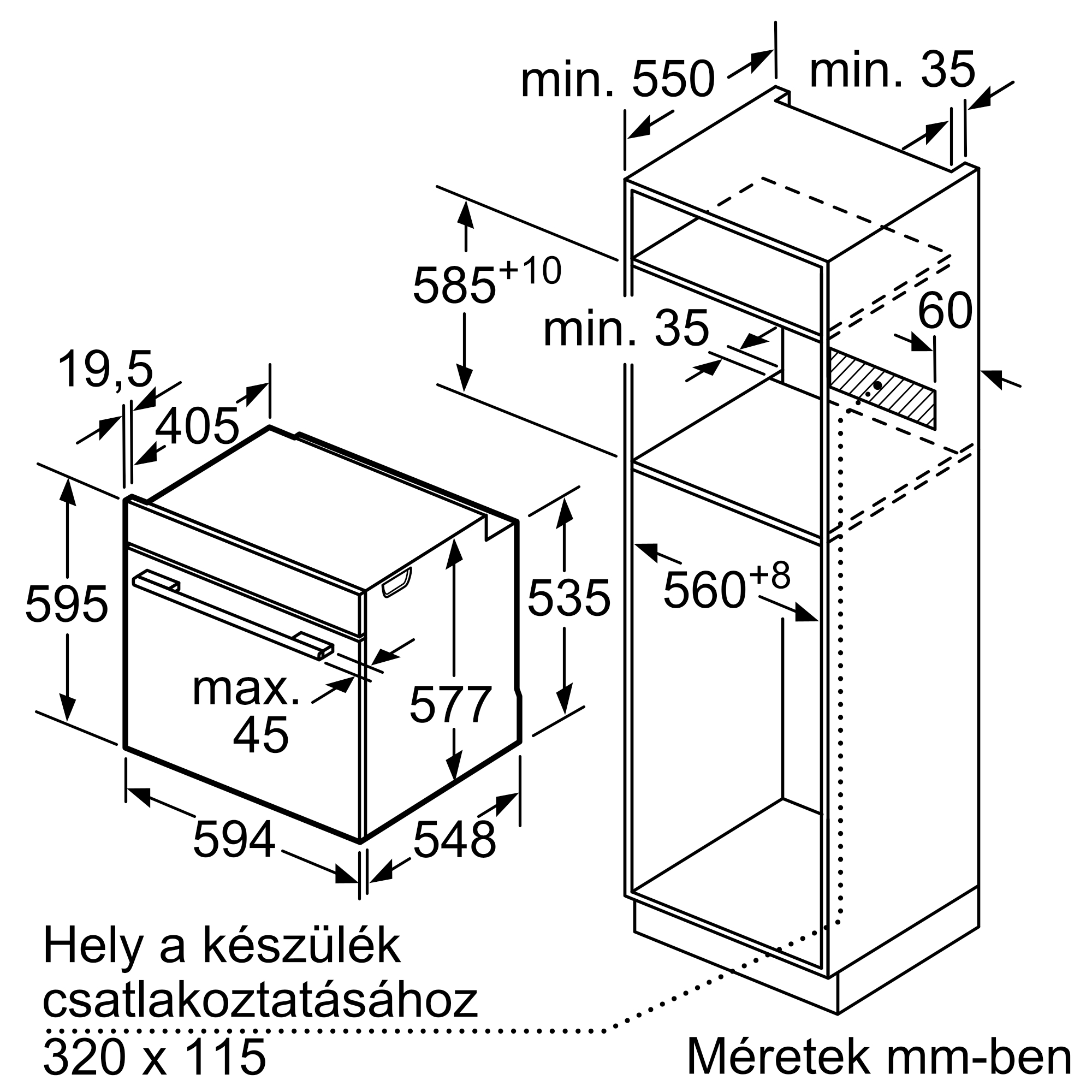 Műszaki rajz sütő magasszekrénybe építésének méreteivel.