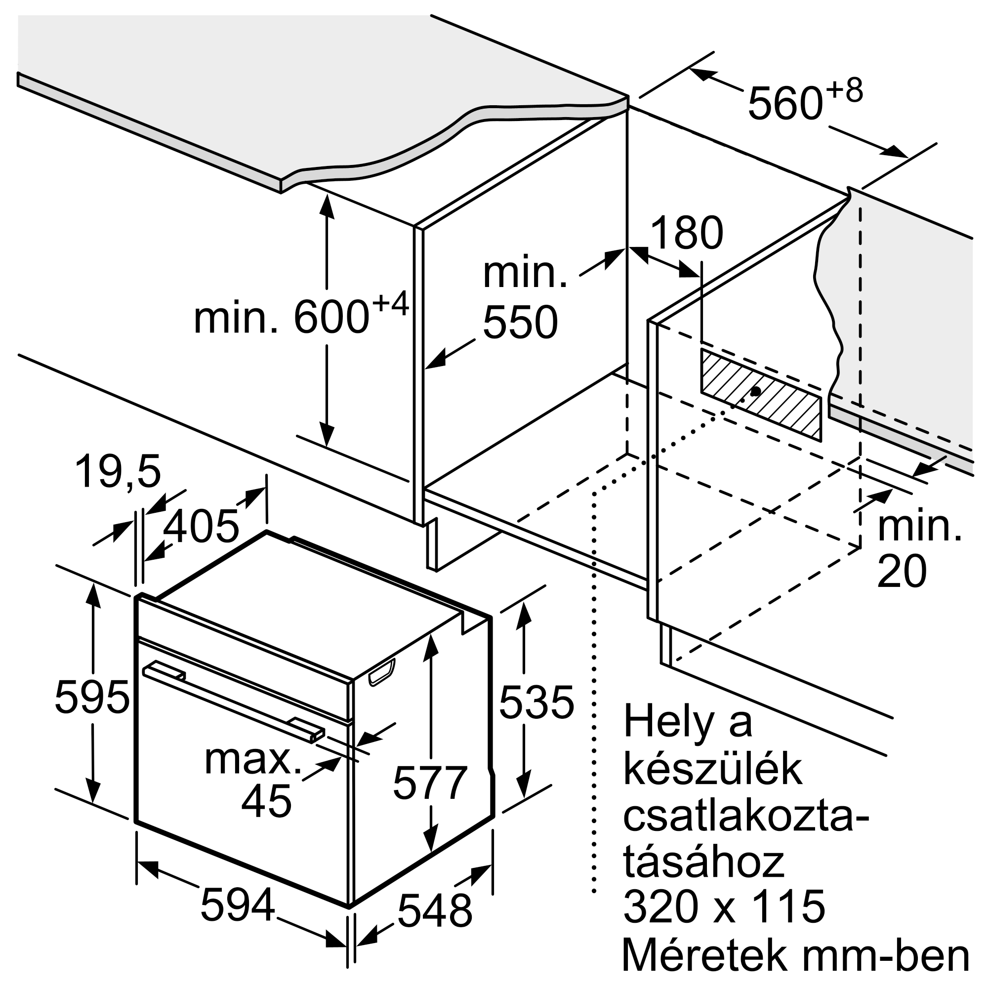 Műszaki rajz egy konyhai készülék beépítési méreteiről milliméterben.