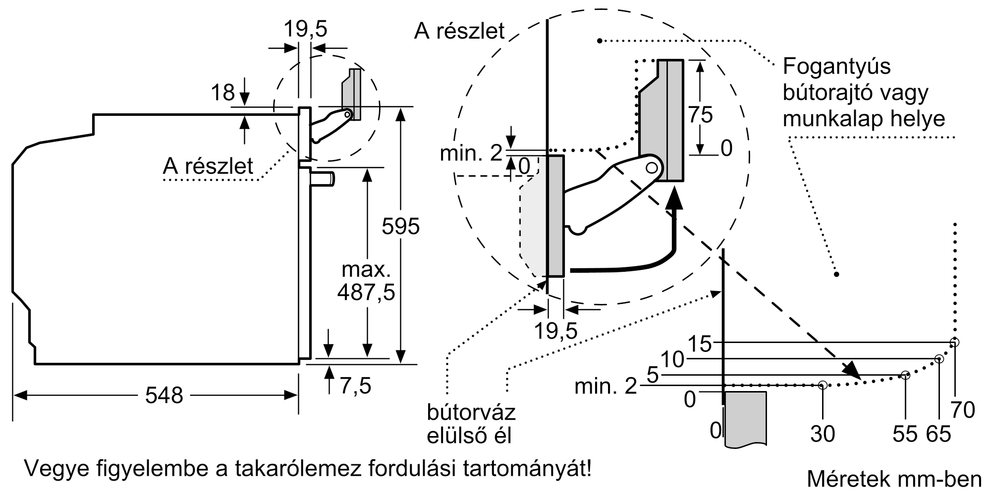 Műszaki rajz méretekkel a készülék konyhaszekrénybe történő beépítéséhez.