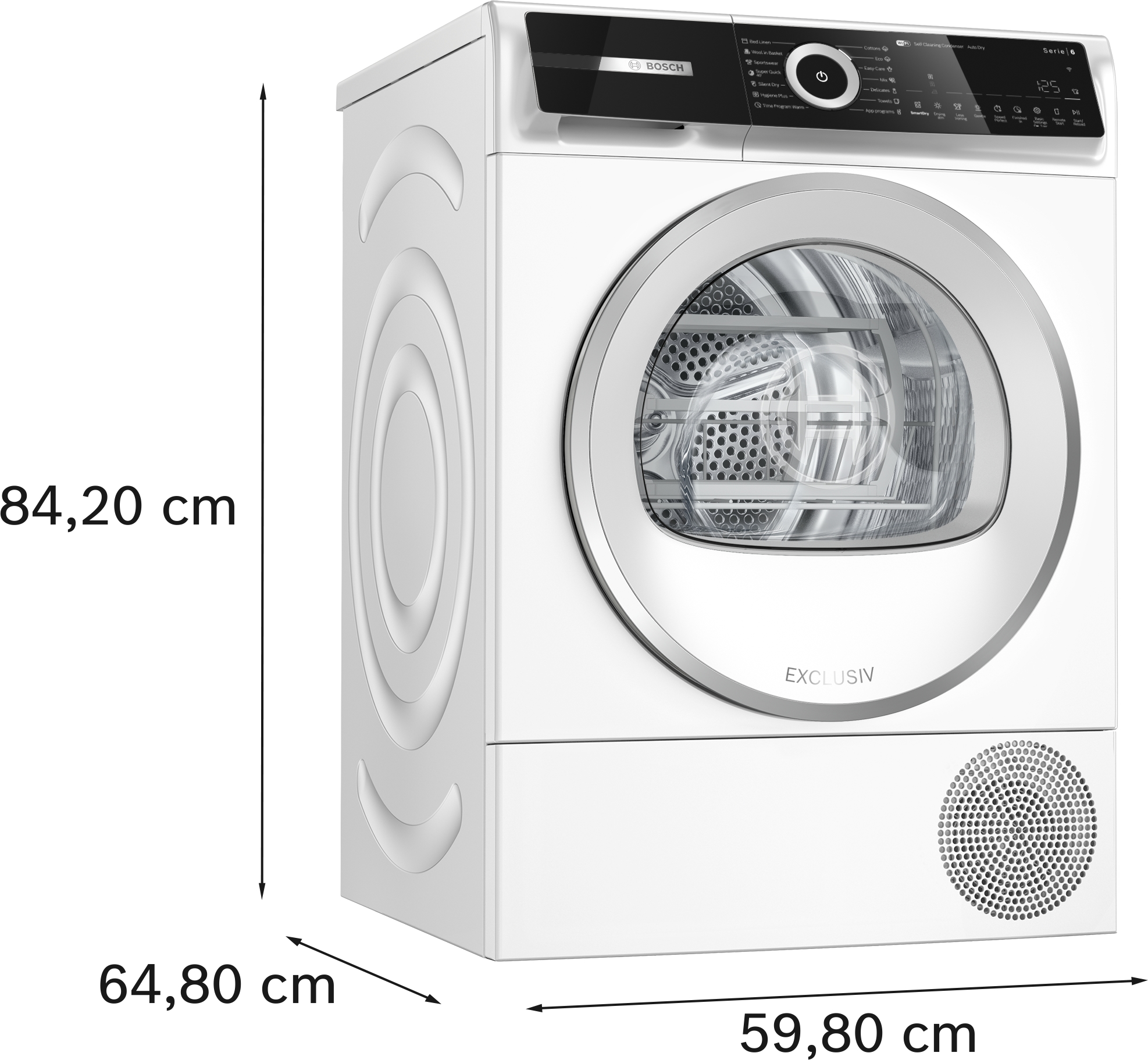 Fehér Bosch szárítógép méretekkel: magasság 84,20 cm, szélesség 59,80 cm, mélység 64,80 cm.