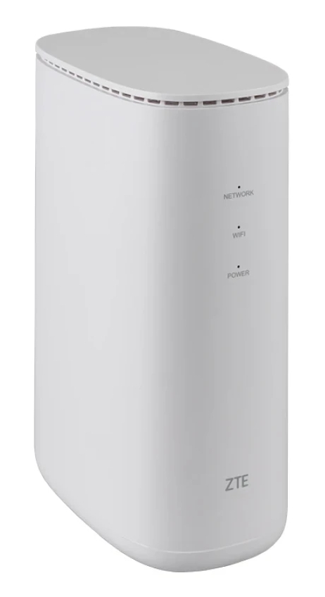 Biały, pionowy router ZTE z kontrolkami stanu sieci, Wi-Fi i zasilania.