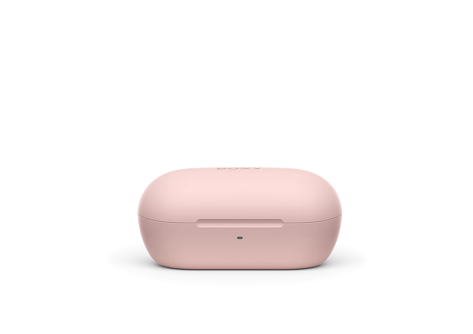 Siyah arka plan üzerinde açık pembe renkli bir Sony kablosuz kulaklık şarj kutusu.