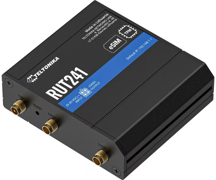 Router industriale nero Teltonika RUT241 con connettori dorati e dettagli blu.