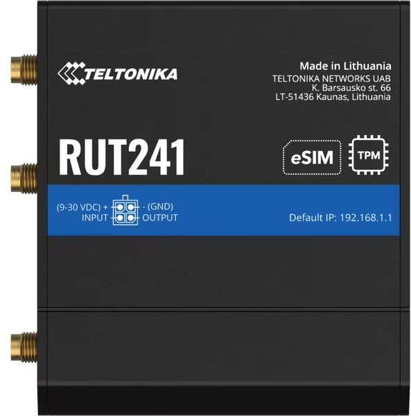 Router industriale nero Teltonika RUT241 con connettori dorati sul lato e una striscia di stato blu.