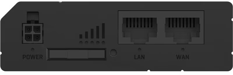 Pannello posteriore di un router nero con porte di alimentazione, SIM, LAN e WAN.