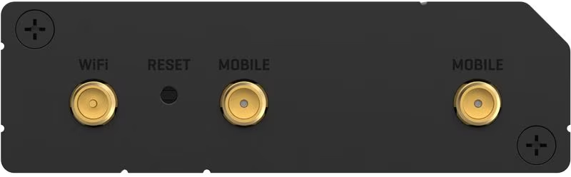 Pannello nero con tre connettori d'antenna dorati, un pulsante di reset e le etichette WiFi e MOBILE.