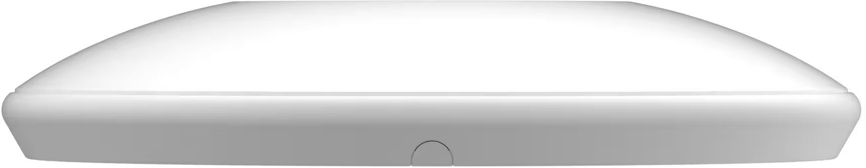 Primo piano di un dispositivo elettronico elegante, bianco e a cupola su sfondo semplice.