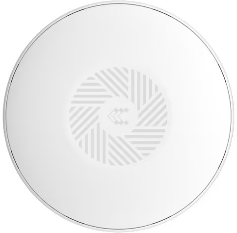 Un dispositivo bianco e rotondo con un motivo a strisce centrale e un piccolo logo al centro.