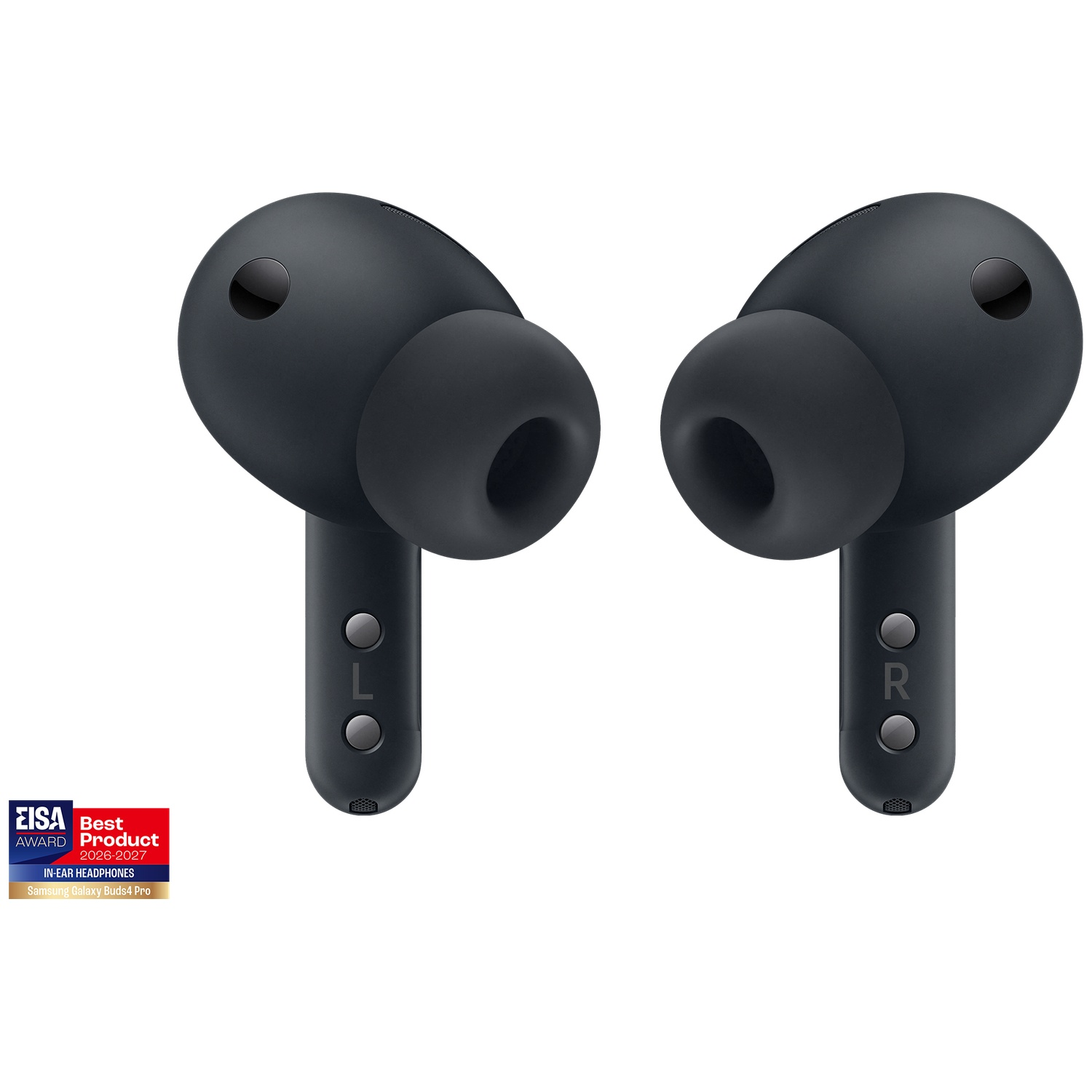 Écouteurs intra-auriculaires noirs avec repères L et R, tiges et embouts en silicone sur fond blanc.