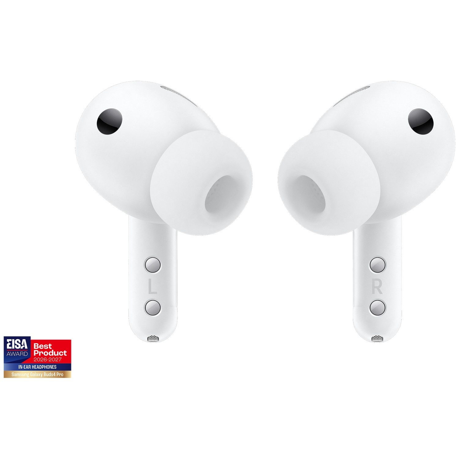 Écouteurs intra-auriculaires blancs Samsung Galaxy Buds4 Pro avec badge EISA.