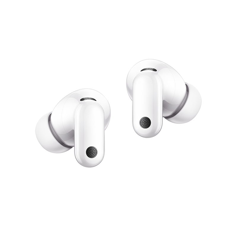 Dos auriculares inalámbricos blancos y brillantes con rejillas negras sobre fondo blanco.