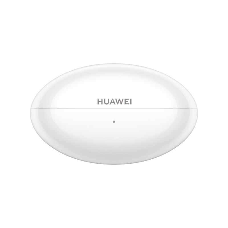 Un estuche de carga blanco y ovalado para auriculares inalámbricos Huawei con una pequeña luz.