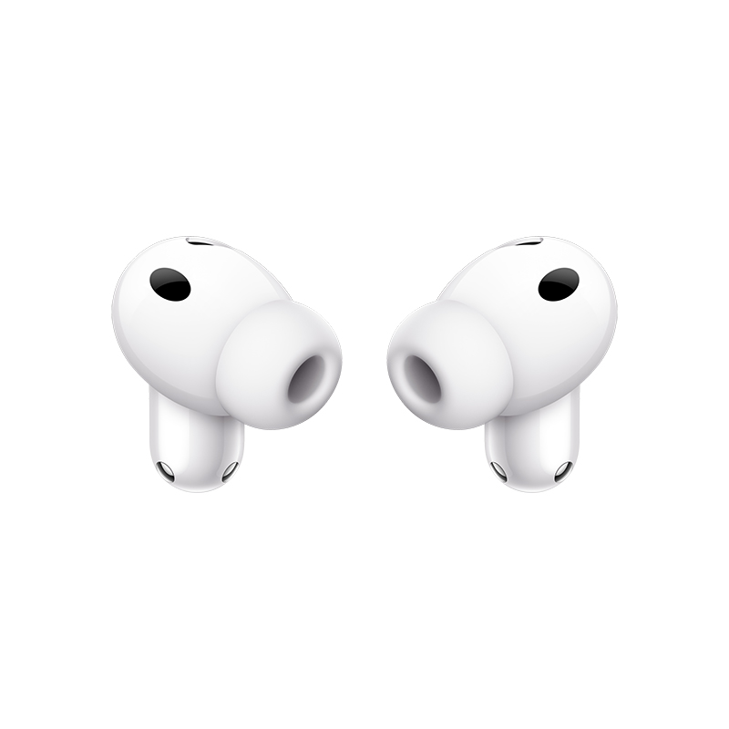 Dos auriculares inalambricos blancos con sensores negros sobre fondo blanco.