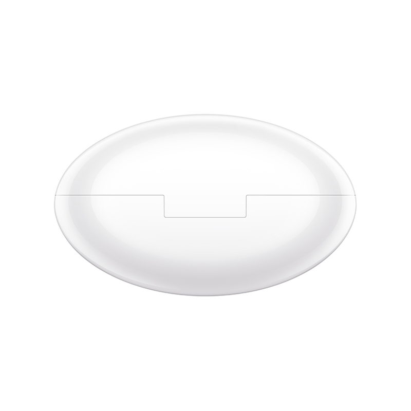 Un estuche de carga blanco, ovalado y liso sobre un fondo blanco sólido.