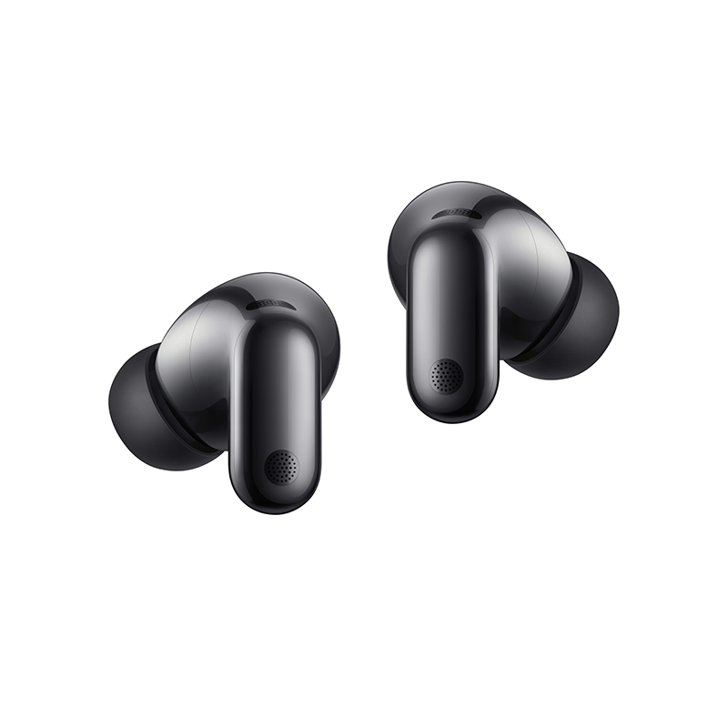 Dos auriculares inalámbricos negros brillantes sobre fondo blanco.