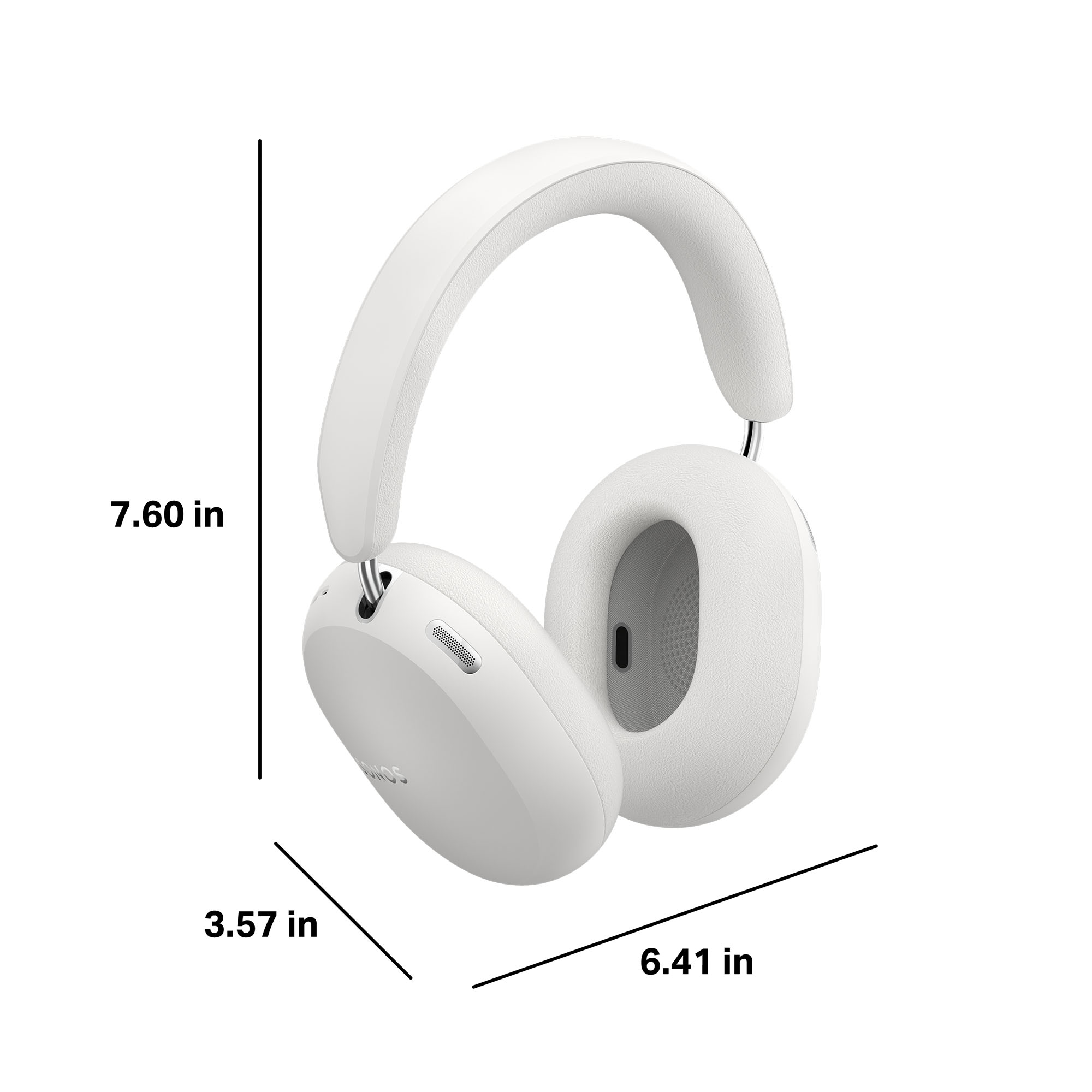 Auriculares supraaurales blancos con dimensiones de 7.60 in de alto, 3.57 in de profundidad y 6.41 in de ancho sobre fondo blanco.