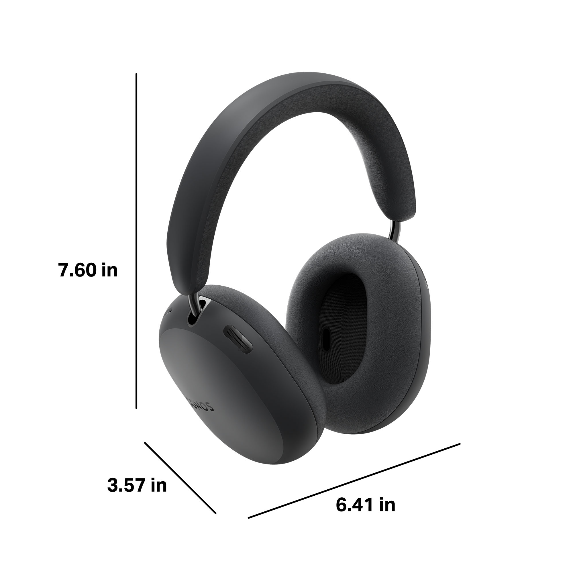 Auriculares supraurales negros mostrados con medidas en pulgadas.